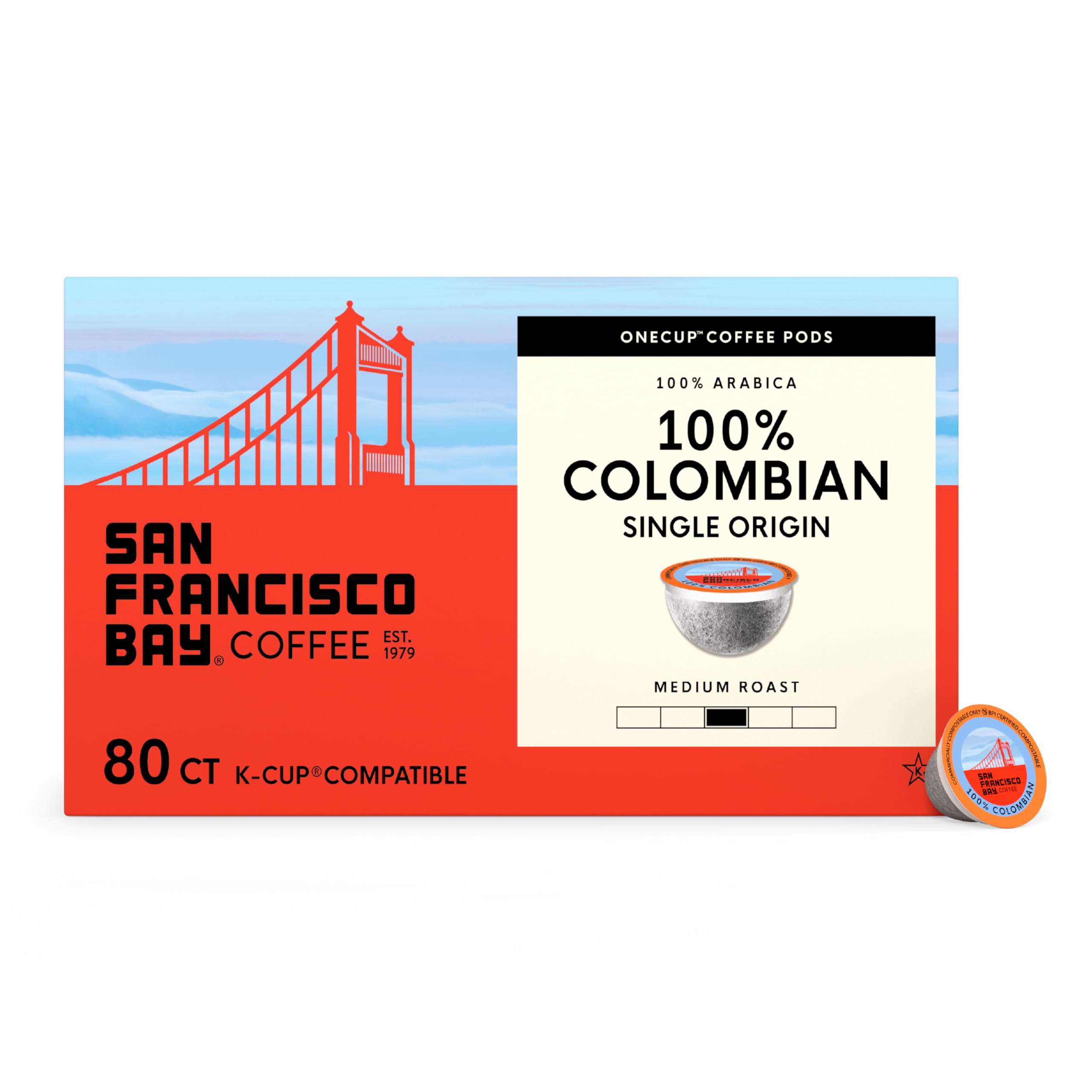 San Francisco Bay K-Cup Coffee Pods, 100% Colombian (80 ct), Medium Roast, Commercially Compostable Single-Serve Coffee Pods