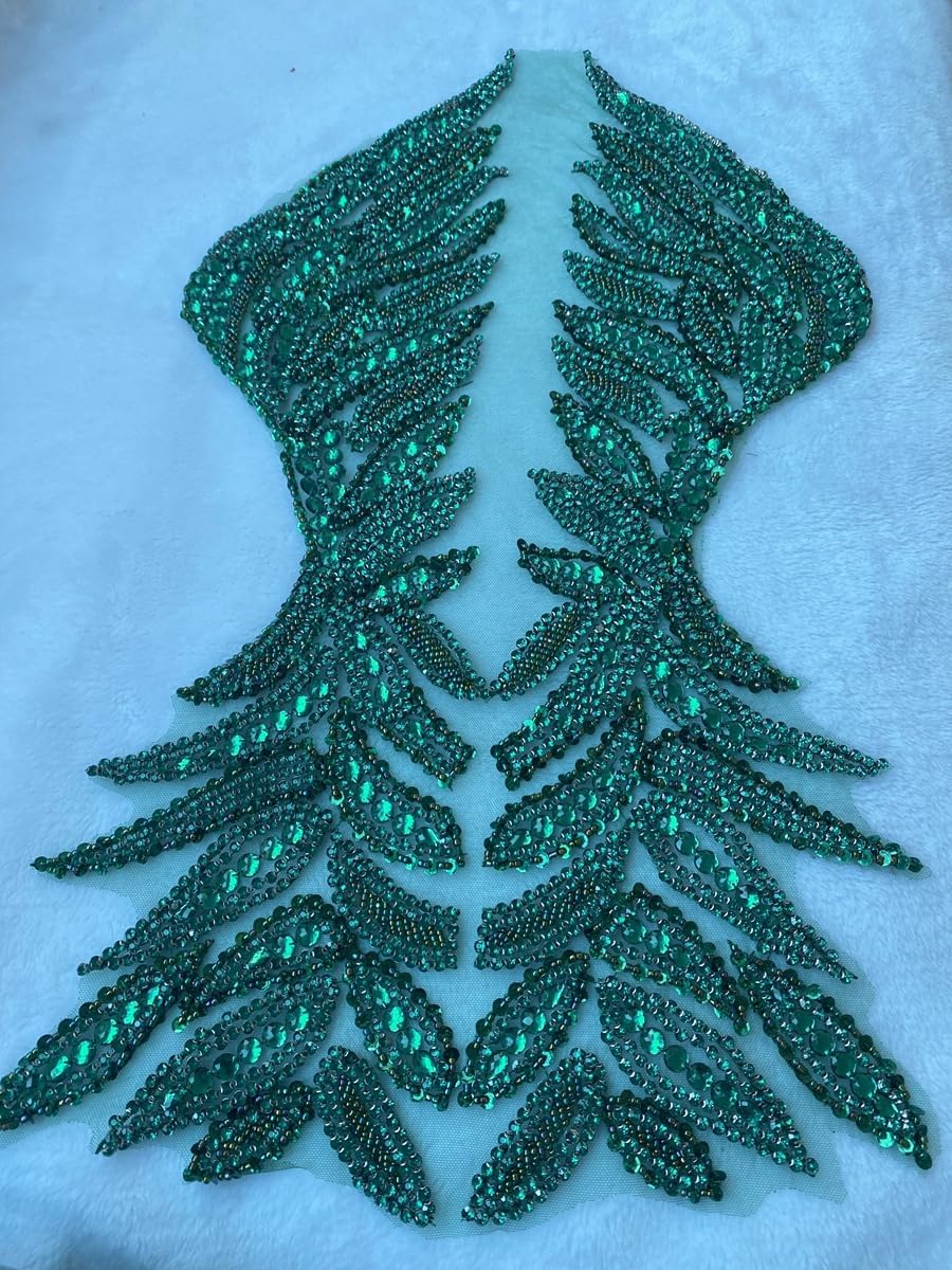 Pure Handmade Bodice lace Applique Hand Sewing Beaded Sequins Trim Patches for Dress Clothes Skirts Multiple Design Styles Accessories 14X24inches (Deepgreen)