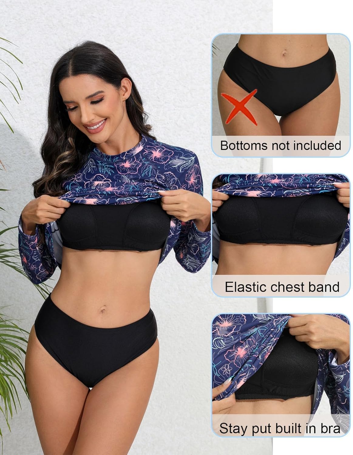 Halcurt Womens Long Sleeve Rash Guard Swim Shirts with Built in Bra UPF50+ Sun Protection Swimsuit Top - Image 5