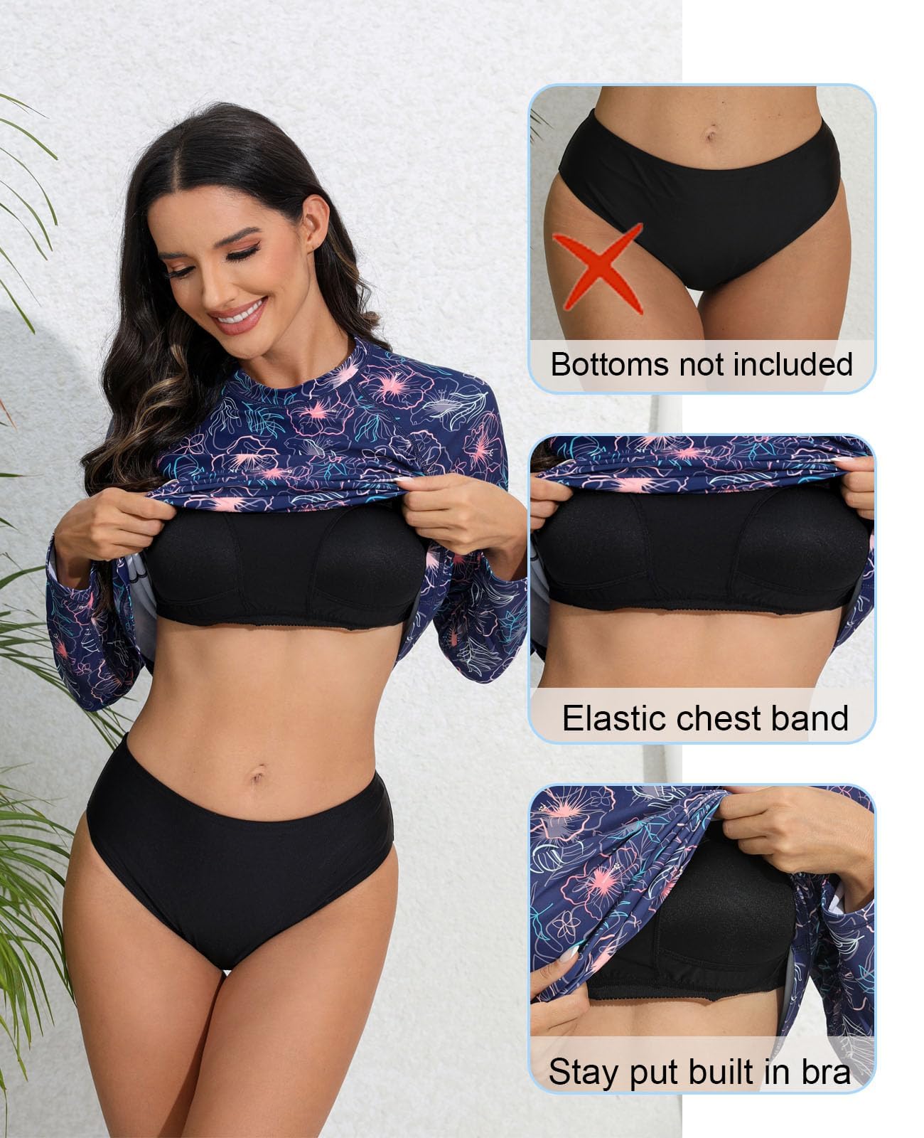 Halcurt Camiseta de natación de manga larga para mujer con brasier integrado, protección solar UPF50+, traje de baño de secado rápido