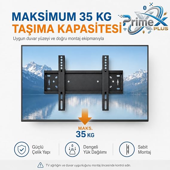 PrimeX STR-30S 22-42 İnç VESA Universal TV Monitör Askı Aparatı, Sabit Kilitli Max 35kg LCD LED TV Duvar Askı Aparatı, İnce Profil Duvar Montaj Aparatı, Televizyon ve Monitör Uyumlu Siyah