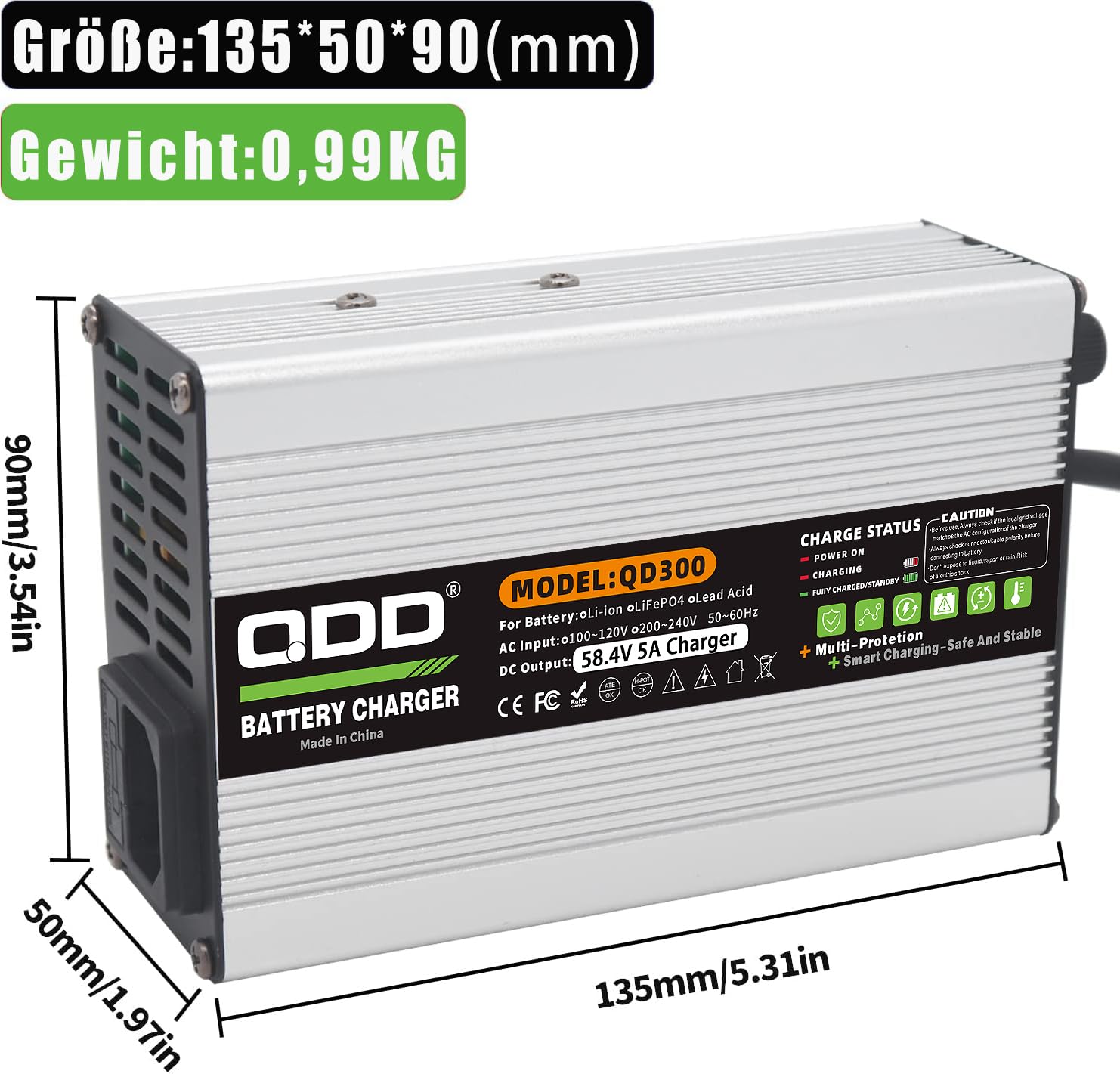 QDD Caricabatterie 58,4 V 5 A 58,4 V LiFePO4 Caricabatterie DC C13 N+ Connettore L per batteria LiFePO4 16S 48 V LiFePO4