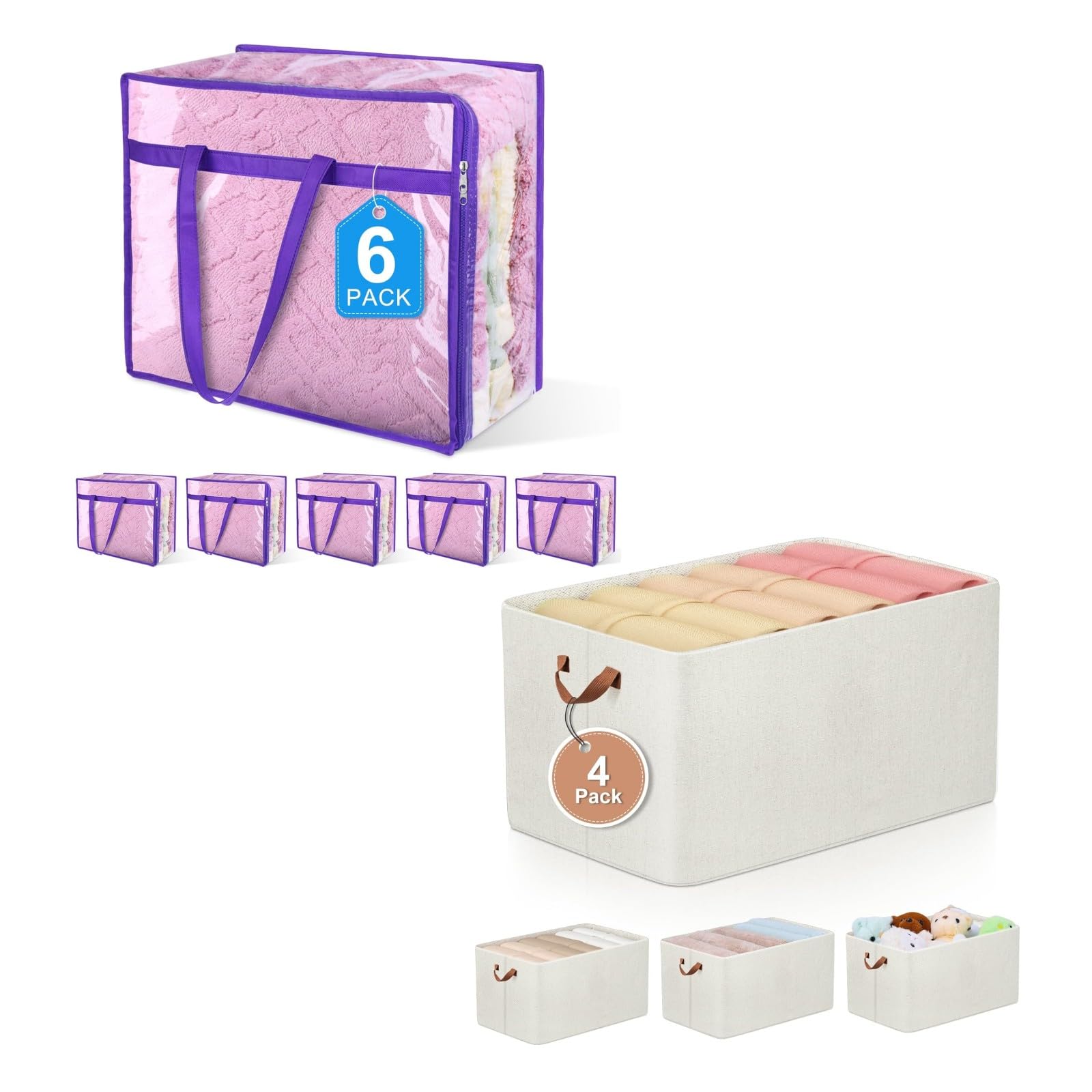 6 Pack 40L Clear Storage Bags+4 Pack Large Storage Baskets for Shelves 15.7 x 11 x 11 Inch, Closet Organizers and Storage, Foldable Storage Bins Cubes with Handles for Blankets, Comforters, Clothes