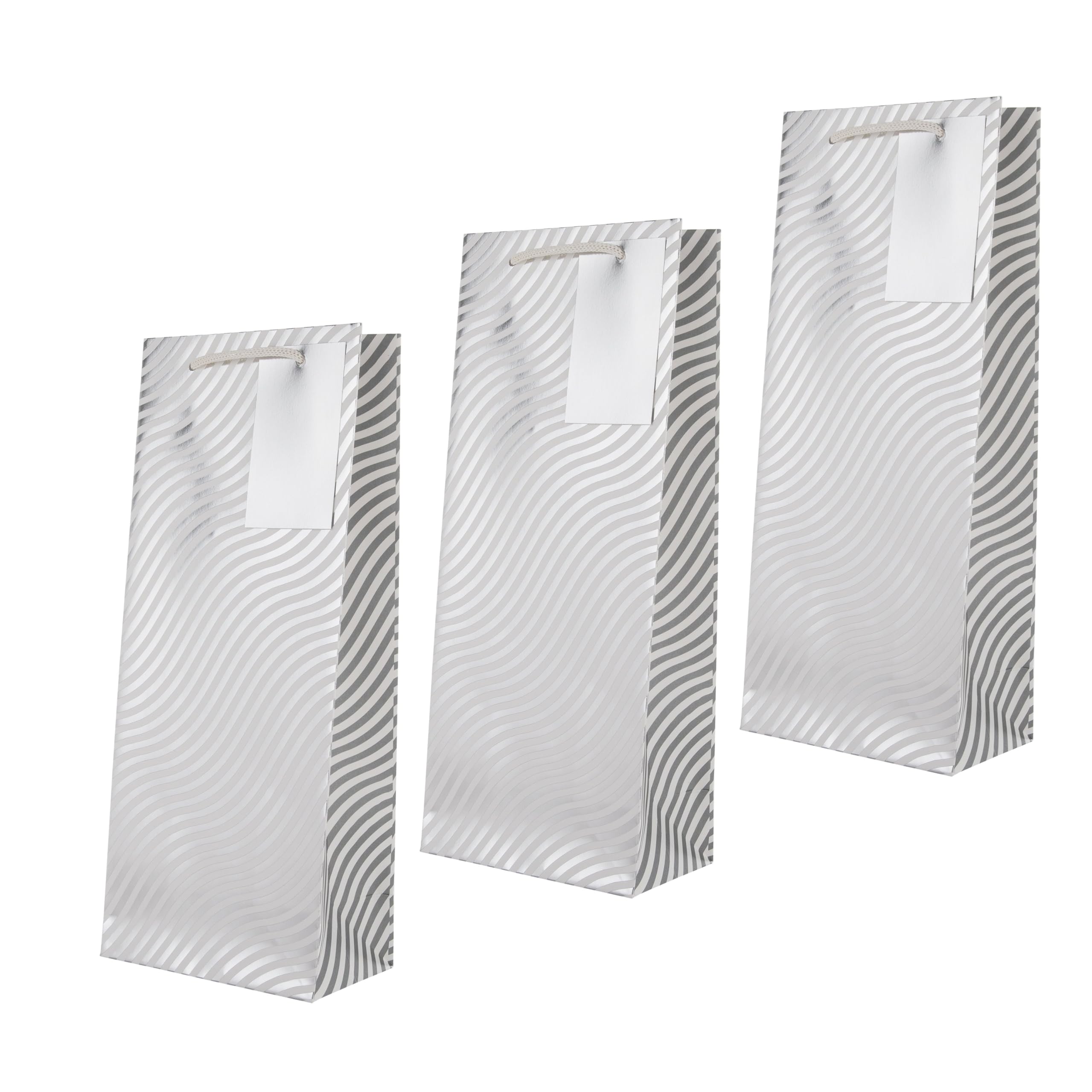 Hallmark Bottle Bags, Pack of 3, Silver Foil Waves Design, Birthday, Christmas, Gift Bags, White