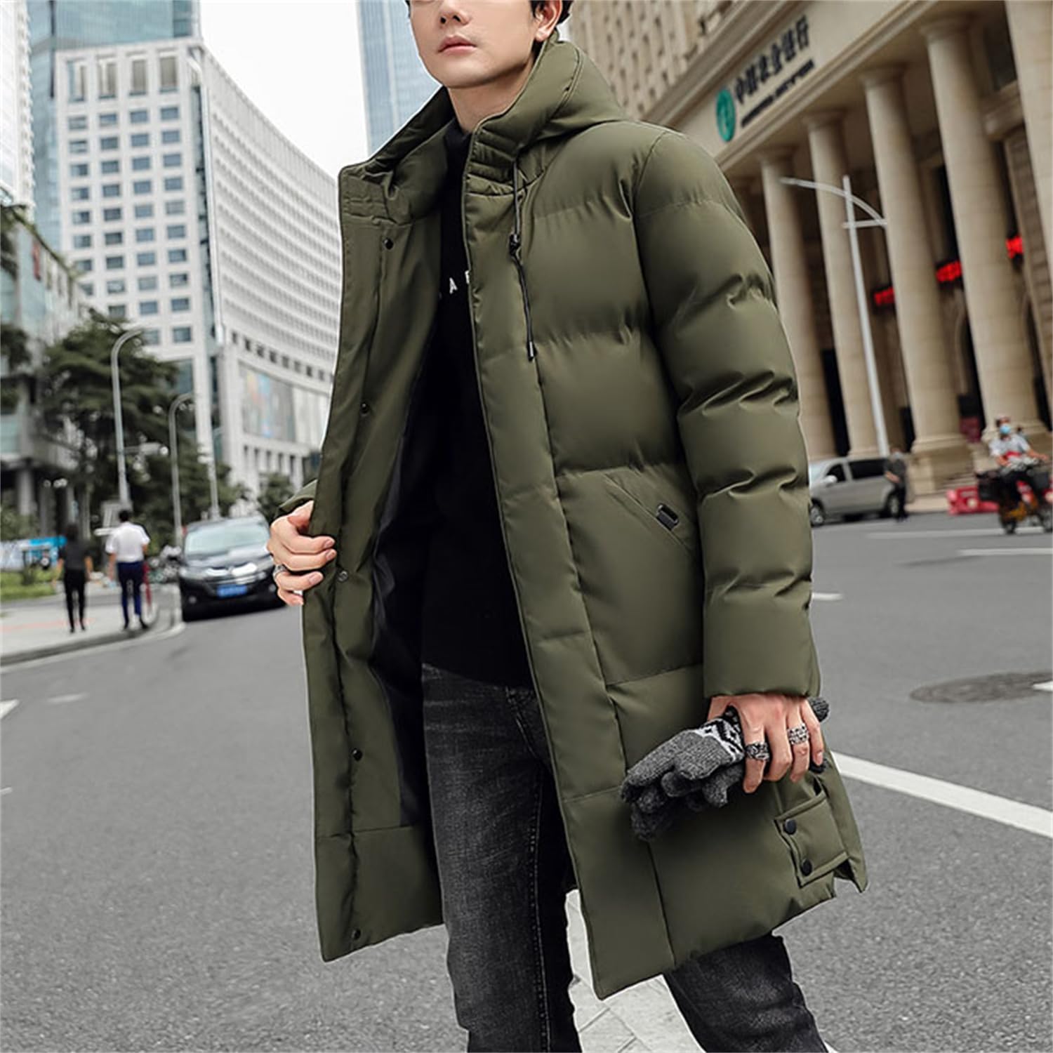 Piumino Lungo Uomo Invernale Caldo Piumino Trapuntato con Cappuccio Parka Zip Spesso Cappotto Invernale Giacca Termica da Uomo