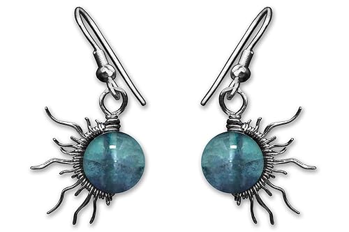 Blue Fluorite 6mm Mini Sun Dangle Earrings in Steel, Copper, Bronze, Black Iron, Titanium, Sterling Silver, 14K Gold, Rose Gold, or Black Niobium
