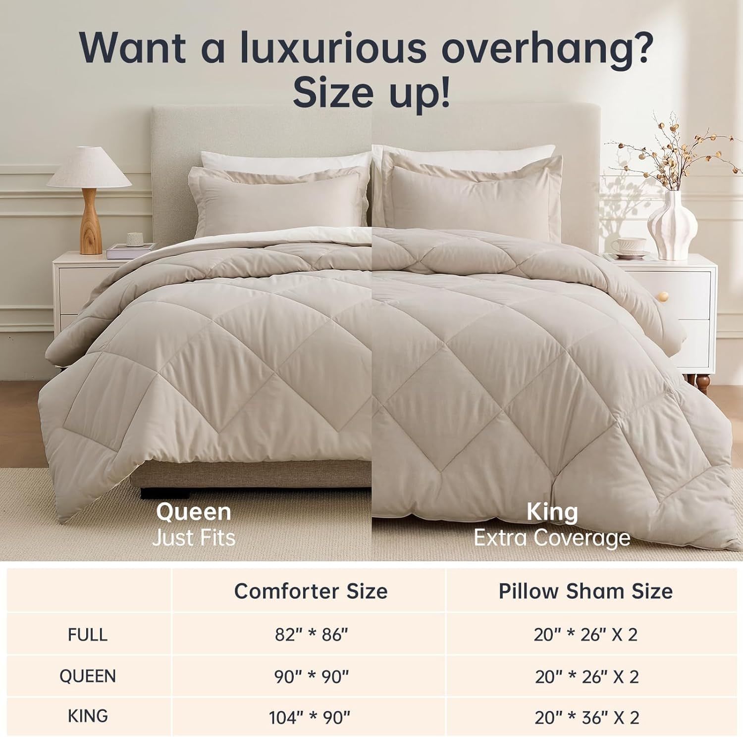 JOLLYVOGUE King Size Comforter Set, Soft Reversible Bedding for All Seasons, 3 Pieces Down Alternative Bed Set Includes 1 Lightweight Comforter (104"x90") and 2 Pillow Shams (20"x36"), Beige & Ivory