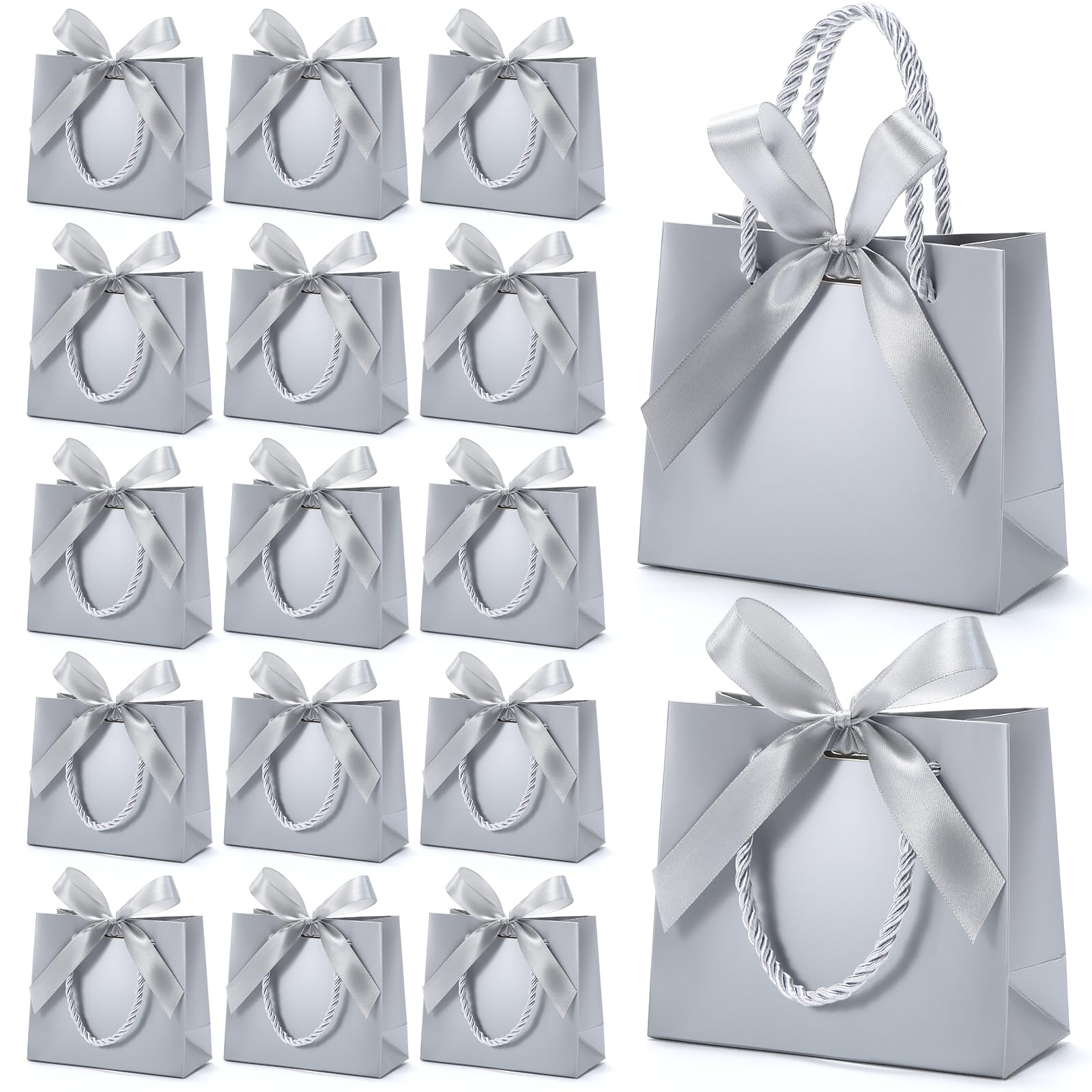 EQOREIIN 50 Pack Small Gift Bags with Handles,Silver Mini Bag,5.5x 2.5x4.7 Inches Small Thank You Gift Bags Bulk with Ribbon for Party Favors,Mother's Day, Goodie, Weddings,Baby Shower(Silver)