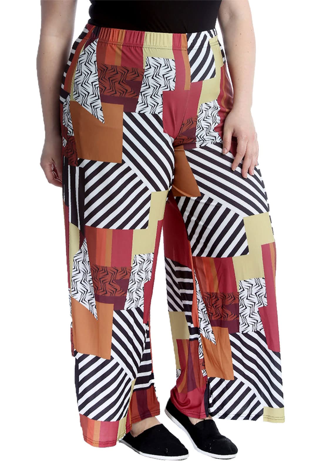 Fairy Boutique Women's Abstract Print Plain Printed Wide Leg Crepe Palazzo Trousers Plus Size Casual Flared Pants 24-26