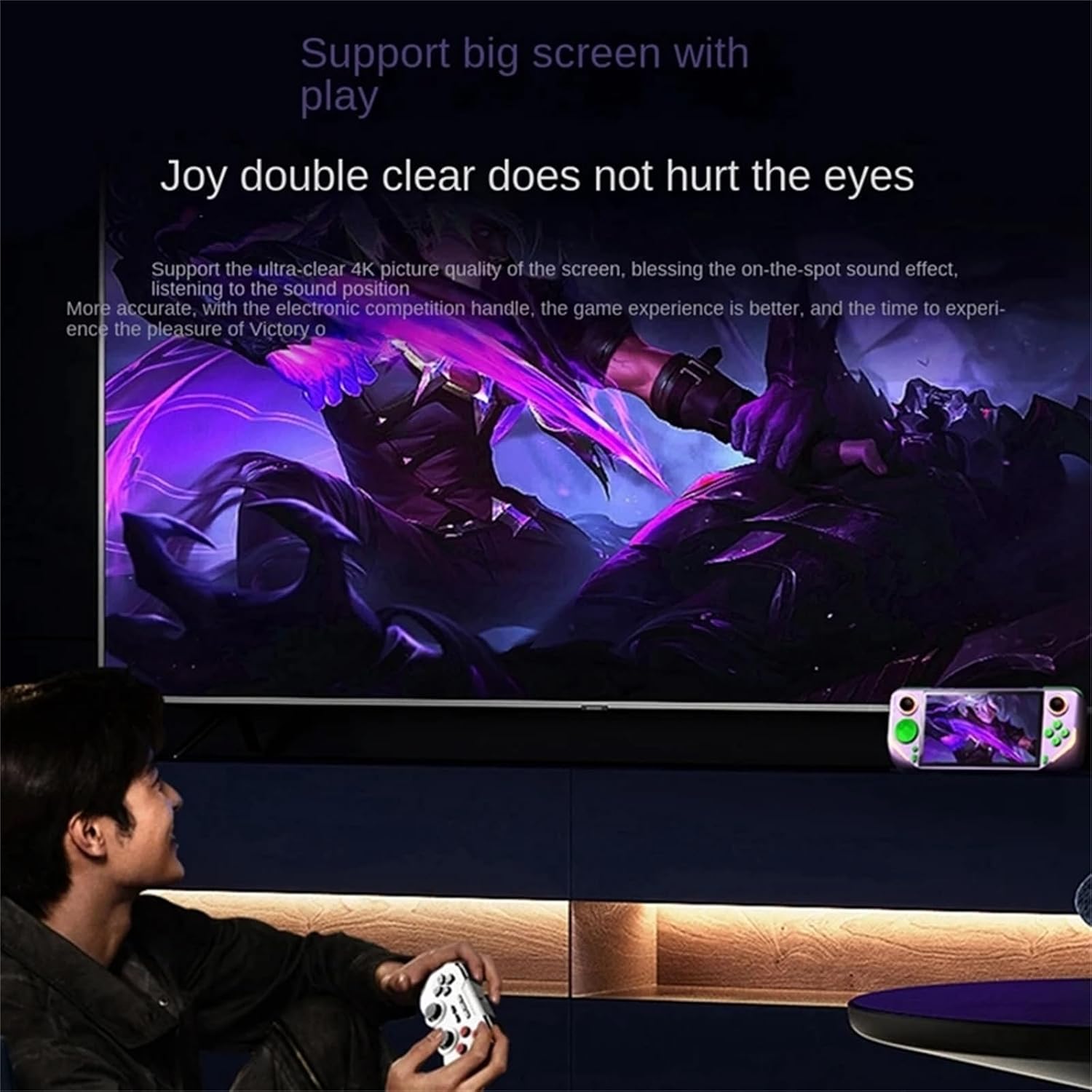 Person playing the WUYJTIF E6plus Handheld Game Console connected to a large TV screen.