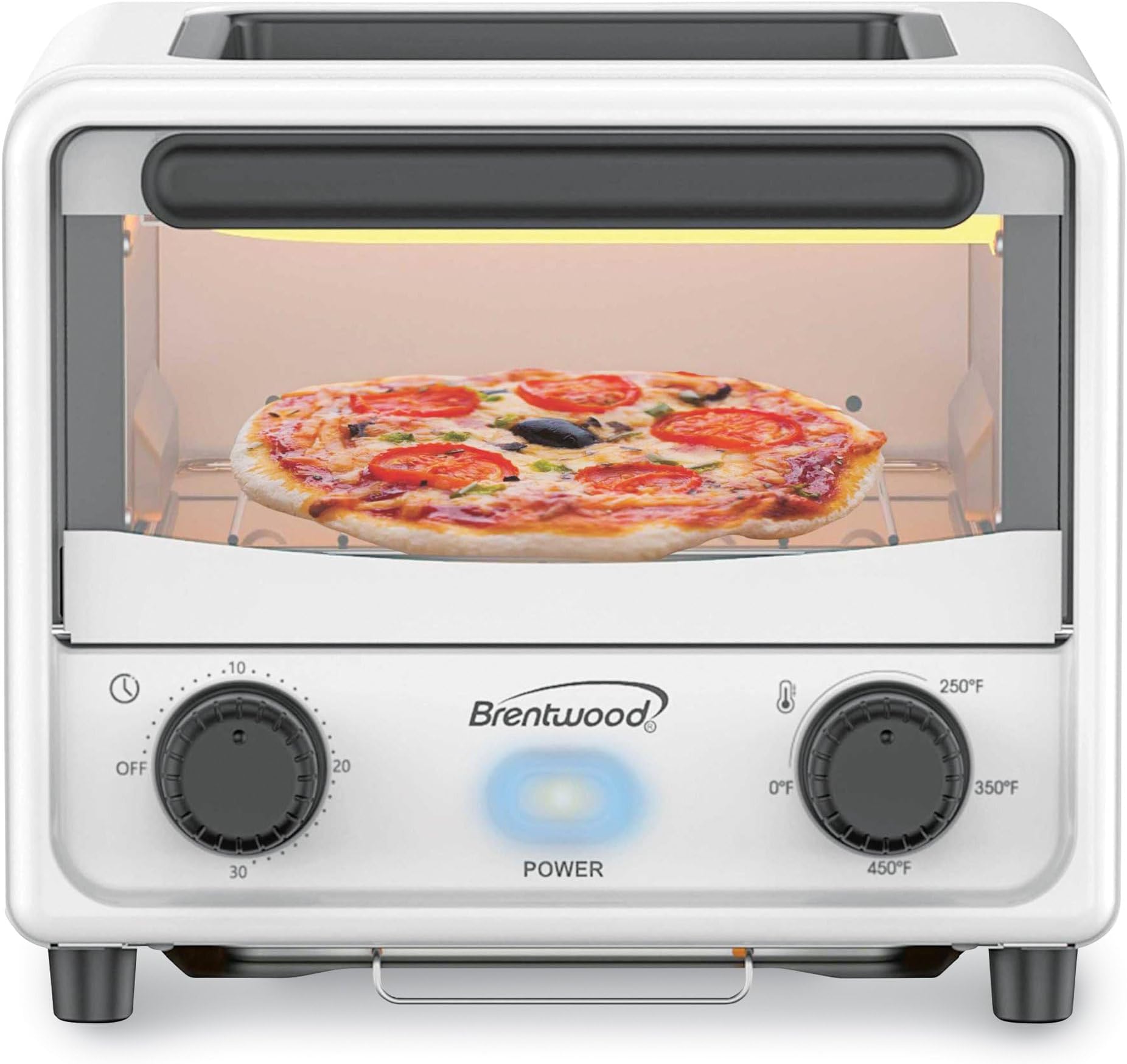 Brentwood 3 Liter Stainless Steel Mini Toaster Oven and Griddle with Timer, Adjustable Temperature, Removable Crumb Tray, and Cool Touch Handle (White)