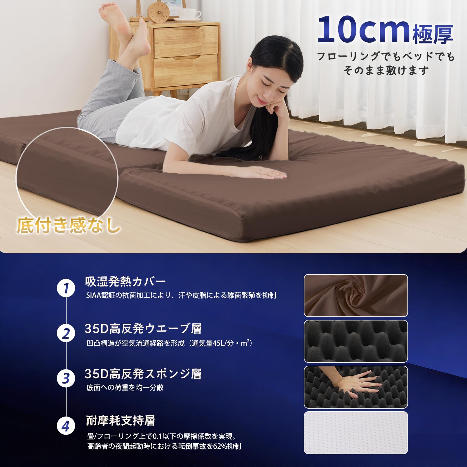 Amazon｜HOMFINE 高反発マットレス シングル 三つ折り 極厚10cm 20D