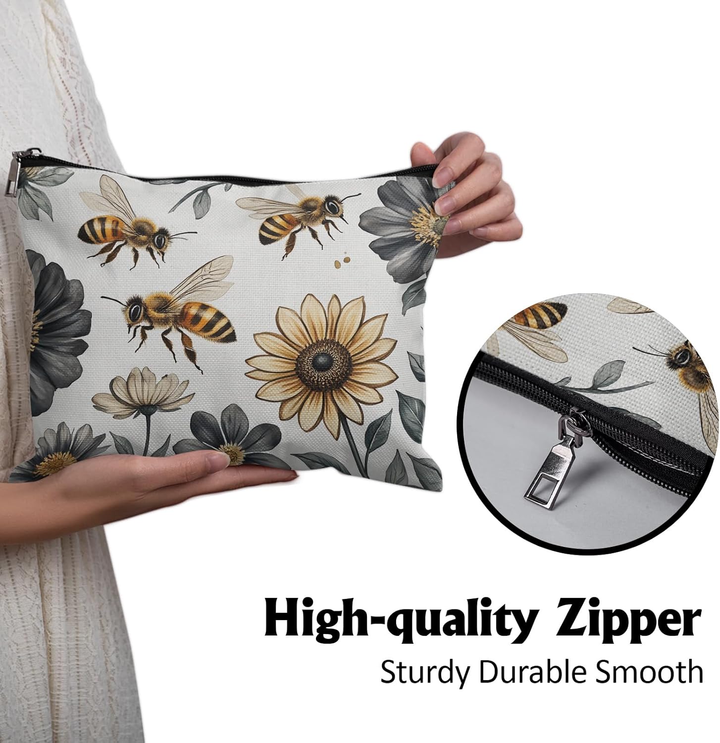 Cafl Bumblebees & Sunflowers Makeup Bag Bee Cosmetic Bag for Women Large Capacity Make Up Bag Portable Travel Toiletry Pouch Organizer 10 * 8inch - Image 7