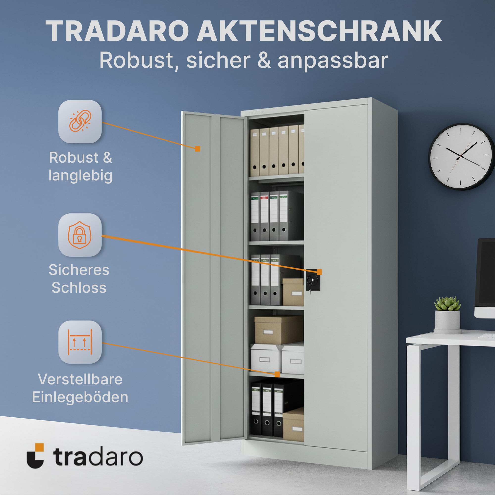 Aktenschrank – Abschließbarer Stahl-Aktenschrank – Büroschrank, Allzweckschrank mit höhenverstellbaren Böden – Robuster Metallschrank, Aufbewahrungsschrank für Büro, Werkstatt, Lager (Grau)
