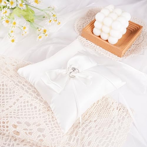 Miniatura 5 de QIRMIZI Juego de almohada para anillo de boda y cesta para niña de las flores, adornado con nudo de mantequilla, satén blanco, 01