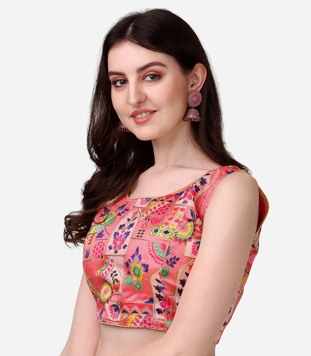 Pujia Mills Women's Phantom Silk Floral Sleeveless Saree Blouse (Peach, 34)