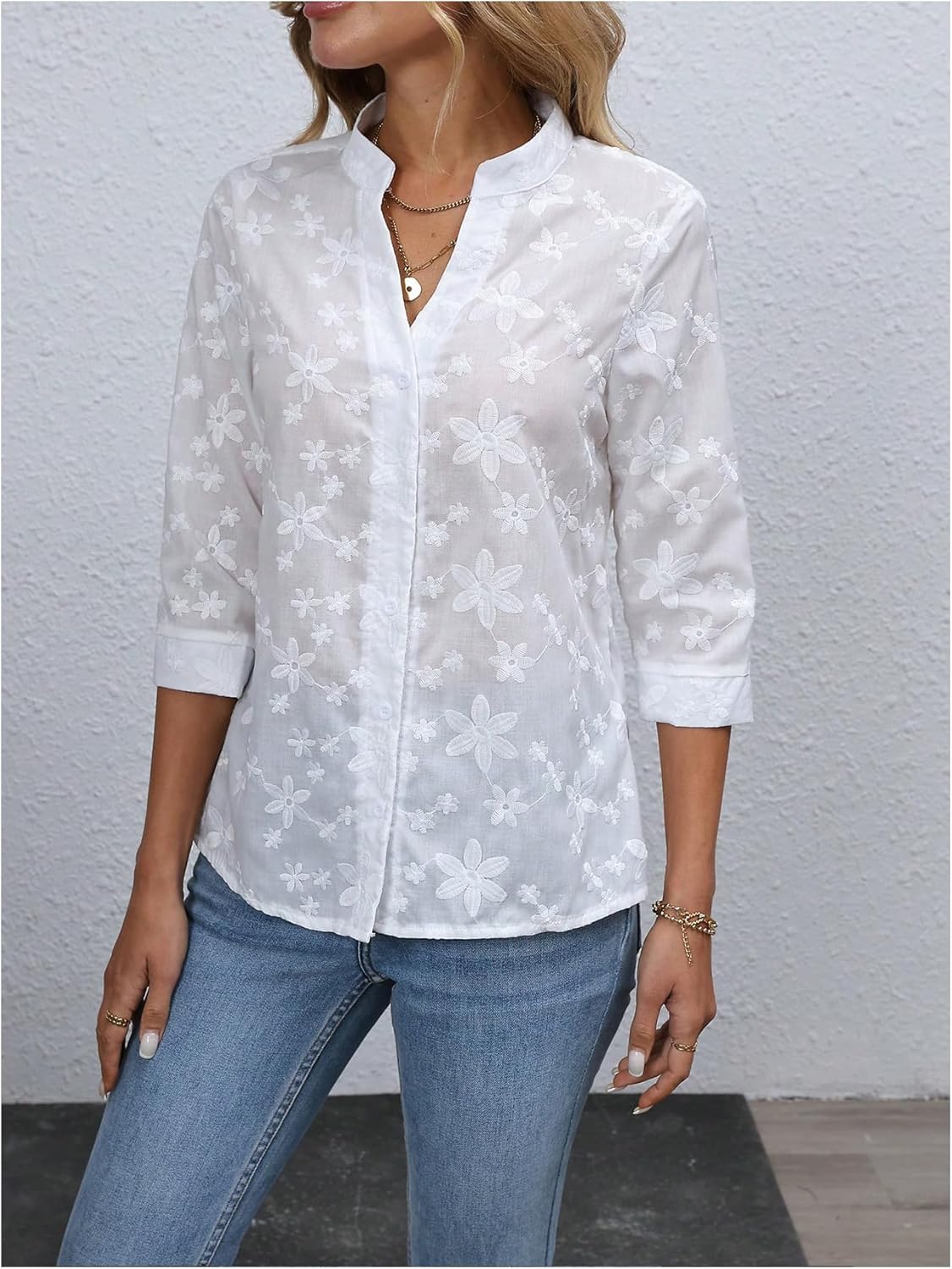 GORGLITTER Women's Floral Button Up Tops Embroidery Shirt 3/4 Sleeve Notch Neck Blouses - Image 4