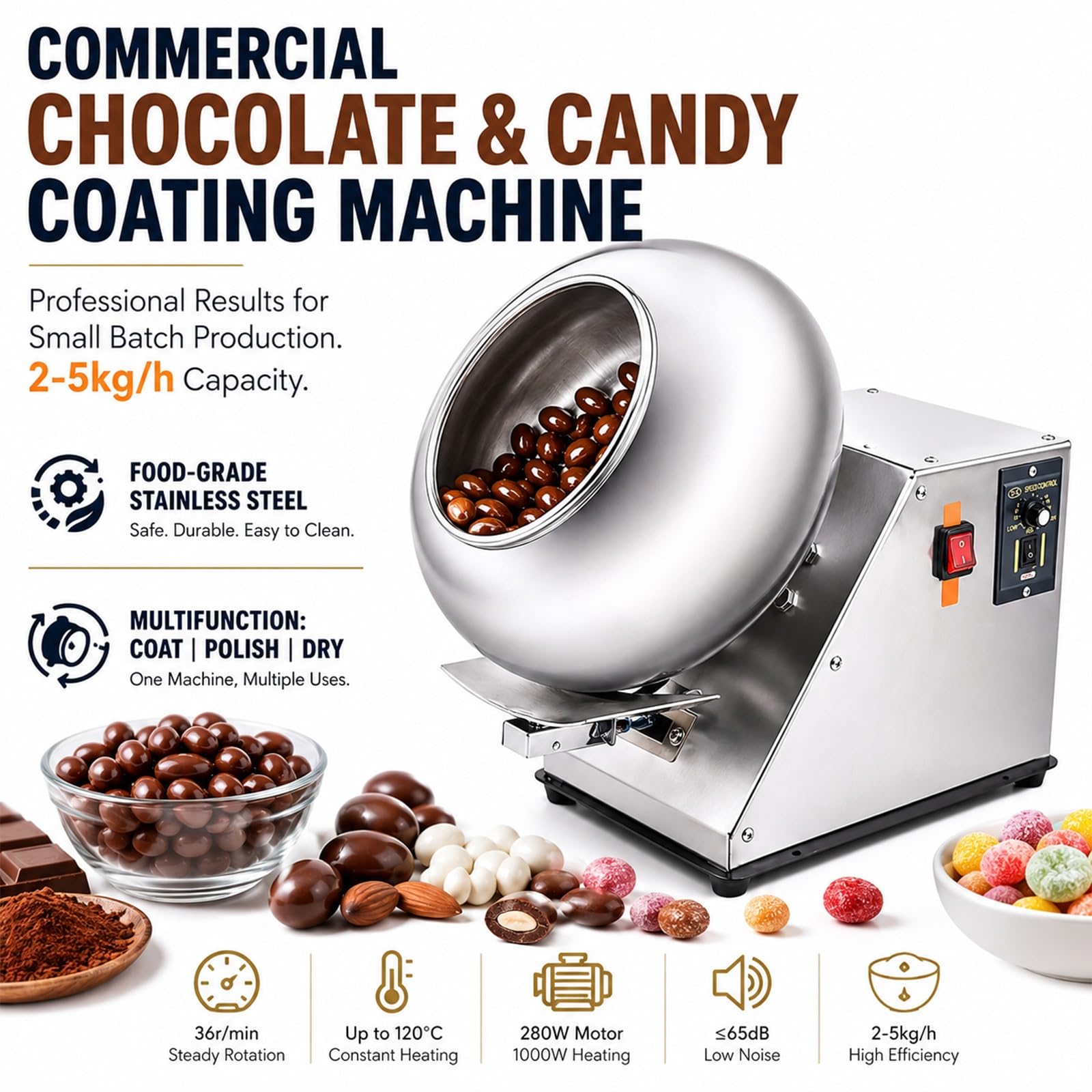 Macchina Rivestimento Cioccolato Automatica, Bassina Confettatrice per Artigiani, Enrober da Banco per Laboratorio di Pasticceria e Dolci(230V)