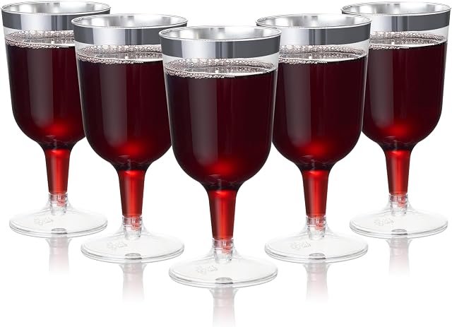 MATANA 24 Elegant Clear Hard Plastic Wine Glasses Silver Rim 6 oz/ 180ml, Sturdy & Reusable Glasses for Cocktails, Dessert - Birthdays, Weddings, Christmas, BBQ, Picnic, Parties