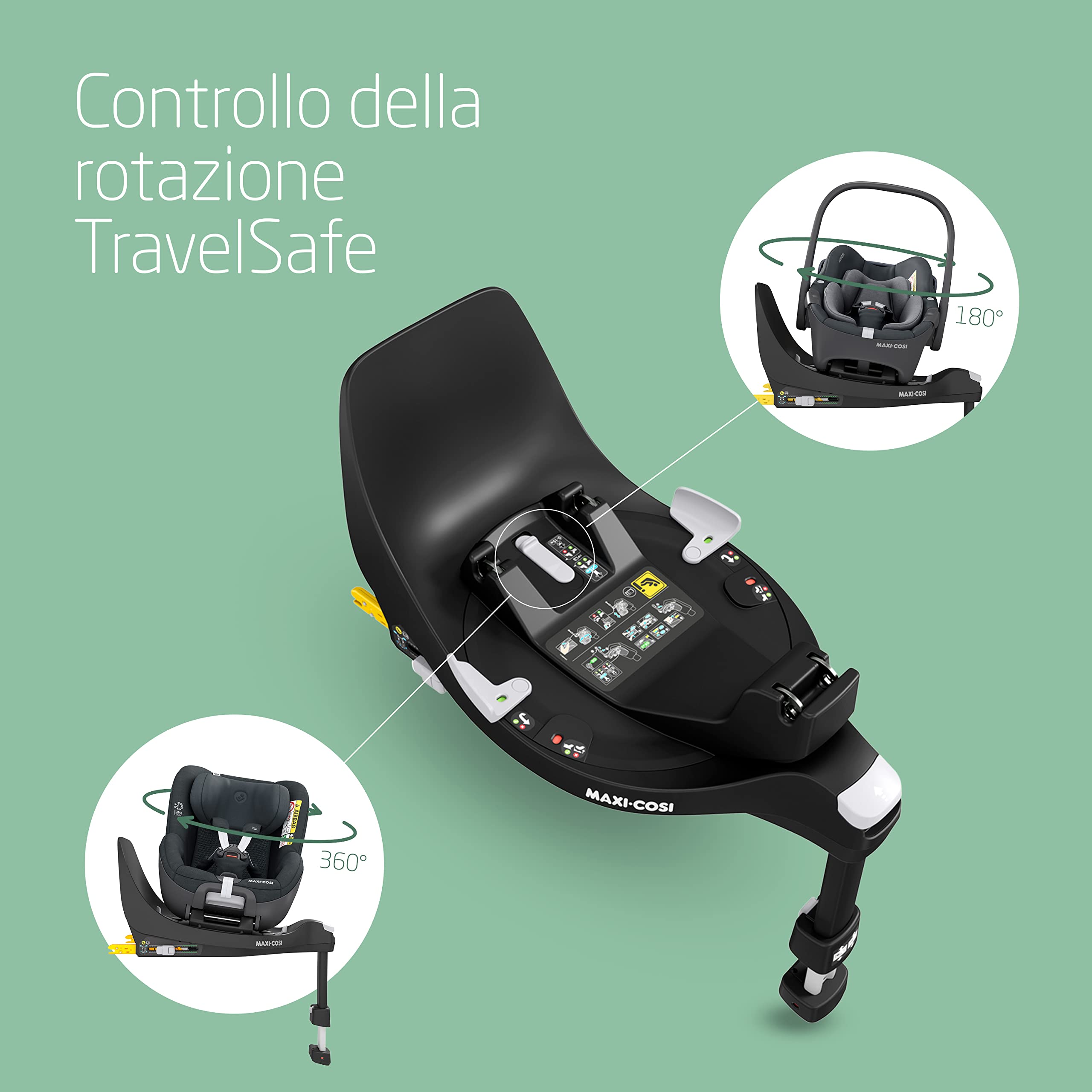 Maxi-Cosi FamilyFix 360 i-Size Base per seggiolino auto girevole, Base ISOFIX girevole a 360°, 0-4 anni (40-105 cm), Rotazione FlexiSpin con una mano, Controllo rotazione TravelSafe, Click & Go, Nero