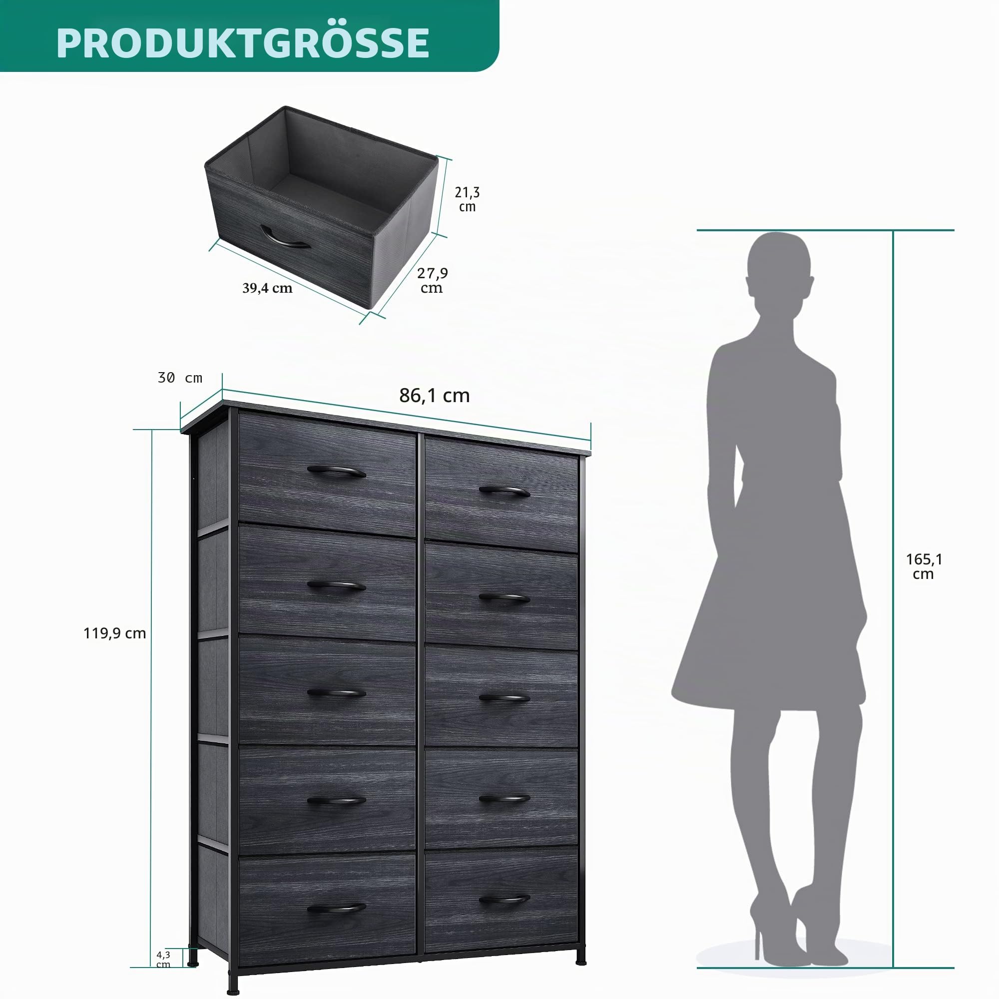 YITAHOME Kommode, Schrank, Aufbewahrungsschrank, 10 Schubladen aus Stoff mit Griffen, Aufbewahrungskommode, Metallrahmen,Schwarze Holzmaserung