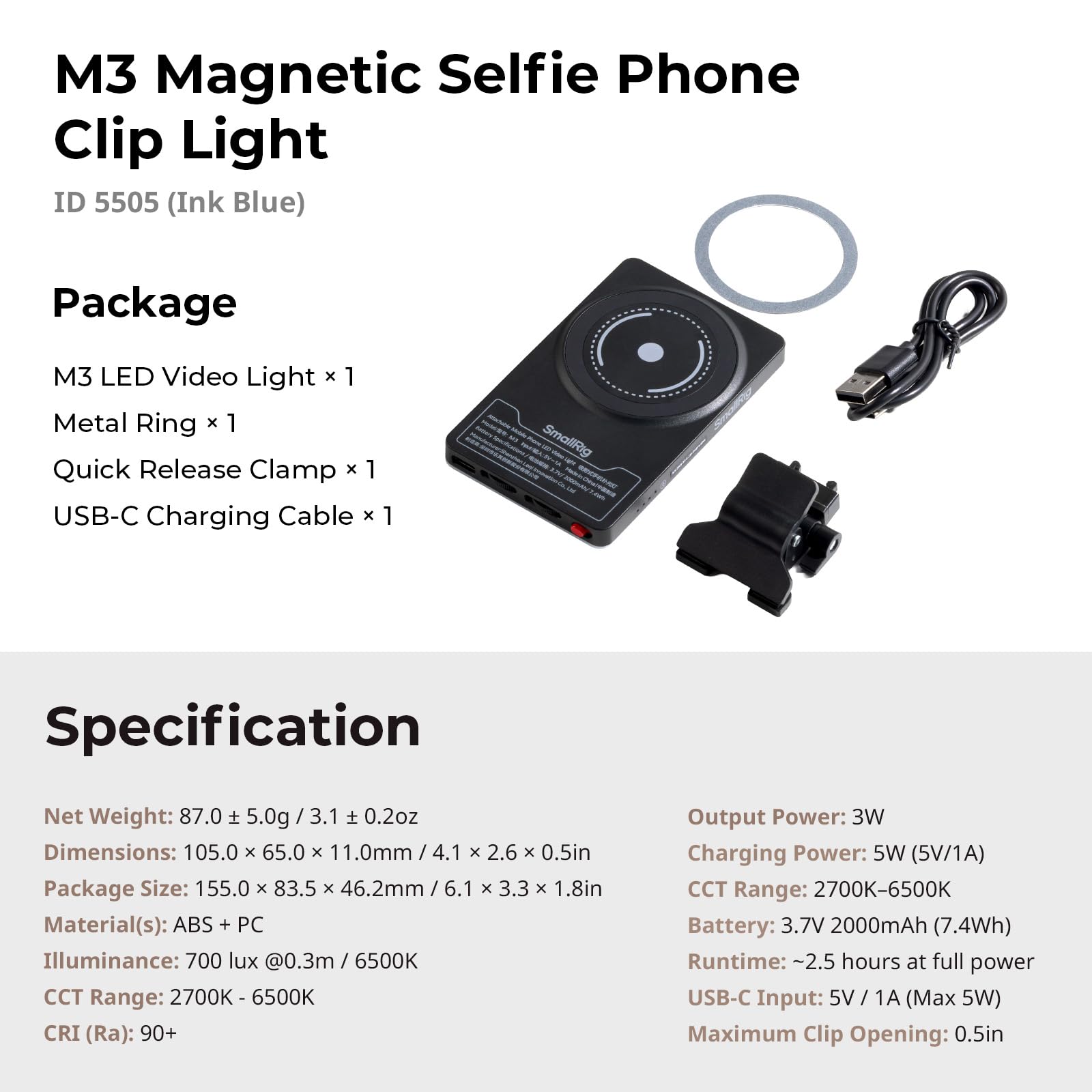 SMALLRIG M3 Luce LED Video Magnetica per Selfie con Clip, 120 LED 2000mAh Ricaricabile CRI90+, 2700K-6500K, Illuminazione di Riempimento Portatile con Clip per iPhone, iPad, Fotocamera/Laptop - 5505