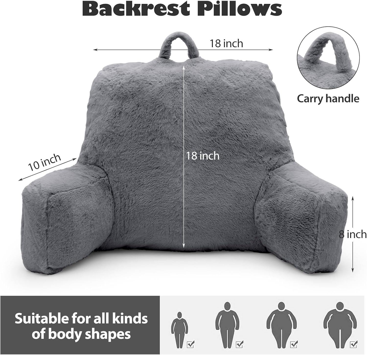 Reading Pillow for Sitting in Bed Adult – Back Support with Arms, Large Bed Rest Cushion for Reading, TV, Gaming, Laptop – Home, Office, Dorm, Grey