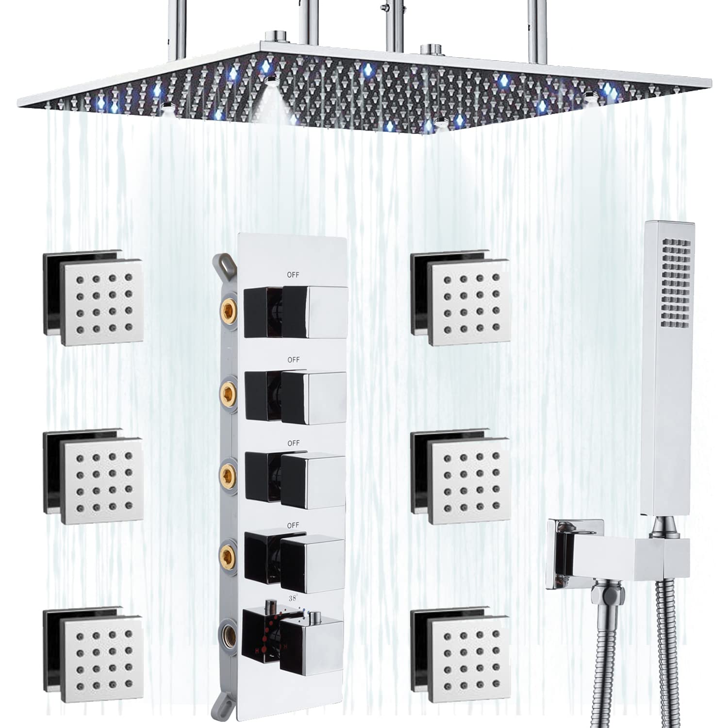 Buy Chrome Shower System with Body Jets 16" LED Large Rainfall Mist