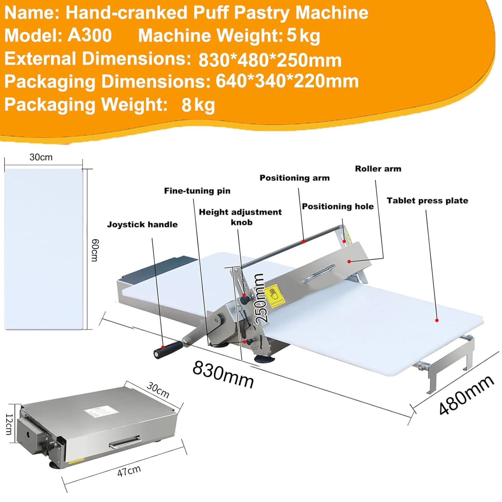 Faltbare Teigausrollmaschine mit Ausrollbrett, manuelle Teigausrollmaschine aus Edelstahl, einstellbare Teigstärke von 0–25 mm, geeignet für Pasta, Croissants und Nudeln A300