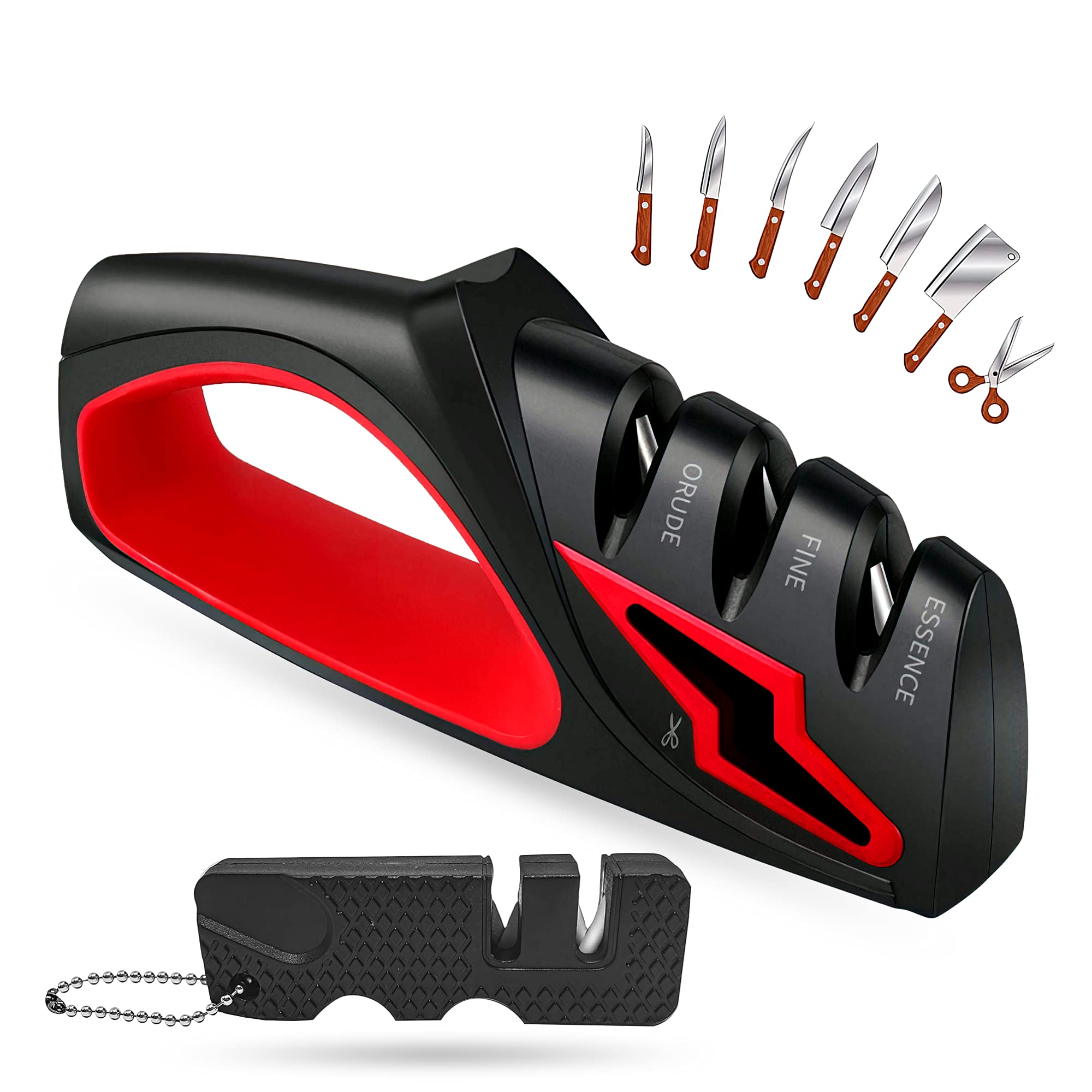 Premium Knife Sharpener Set, Professional Chef 4-Stage Design, Easy Manual Sharpening, Sharpen Dull Chef Knives, Plus portable mini sharpener