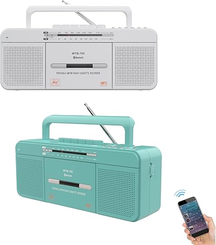 Reproductor de cassette retro portátil con Bluetooth, USB, radio AMFM, micrófono, alimentado por batería de CA o AA para regalo, hogar, auriculares