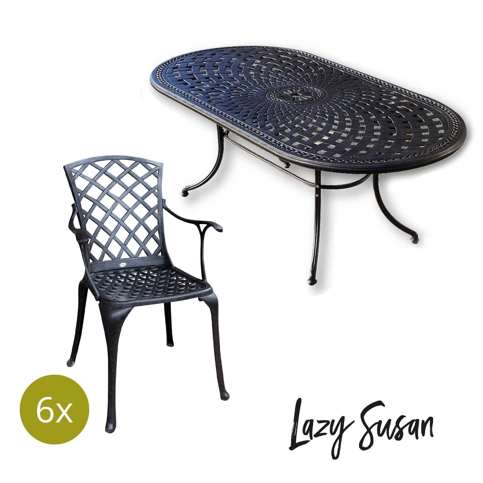 Table De Jardin Ovale Catherine 208 Cm - 6 Chaises Emma Avec Coussins Verts - Aluminium Résistant - Bronze Ancien - Facile à Monter - 7