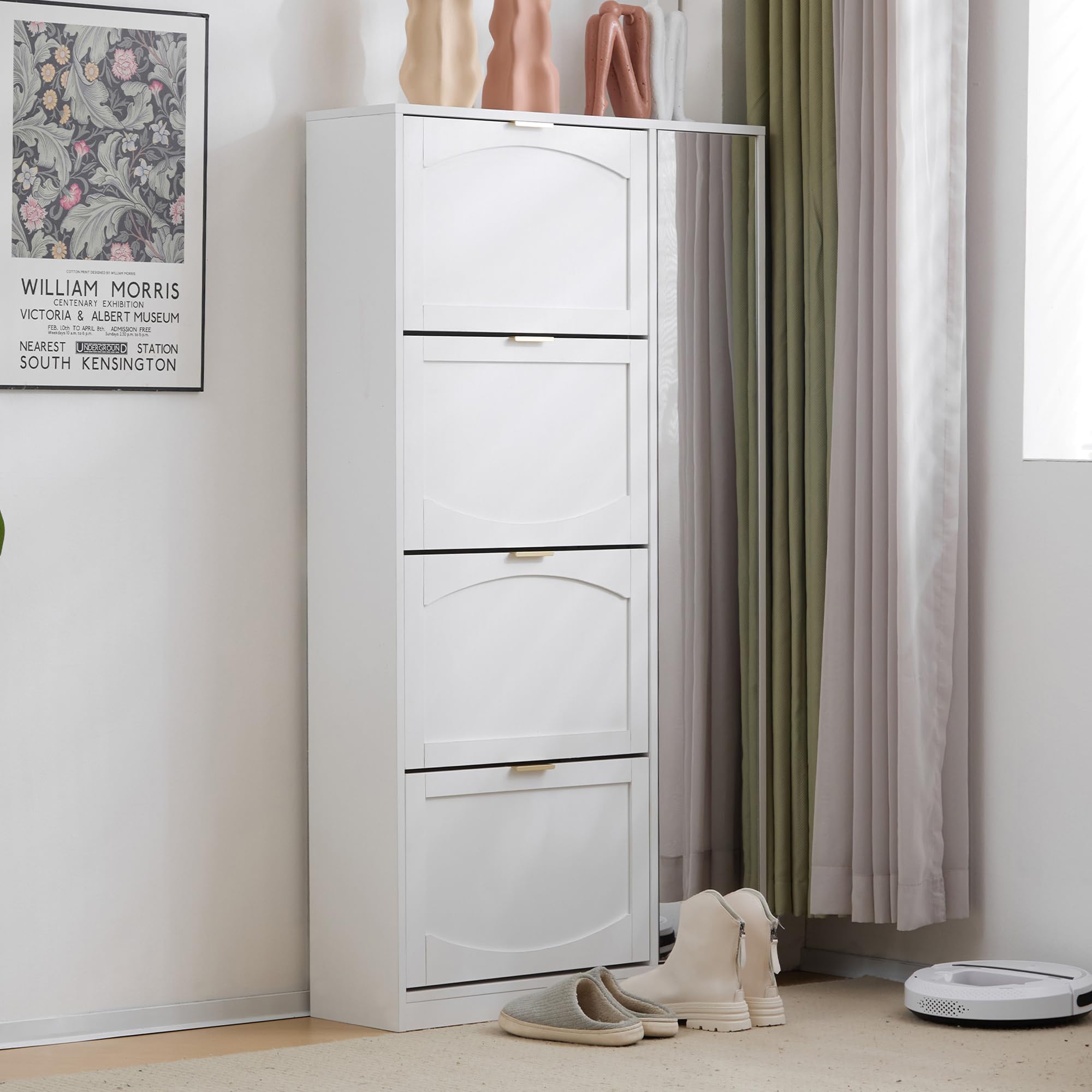 Muskel Zapatero con espejo y 4 compartimentos plegables – Armario de pasillo moderno con estantes ajustables – Zapatero para entrada o sala de estar – Blanco B80 × 24 × H 147 cm