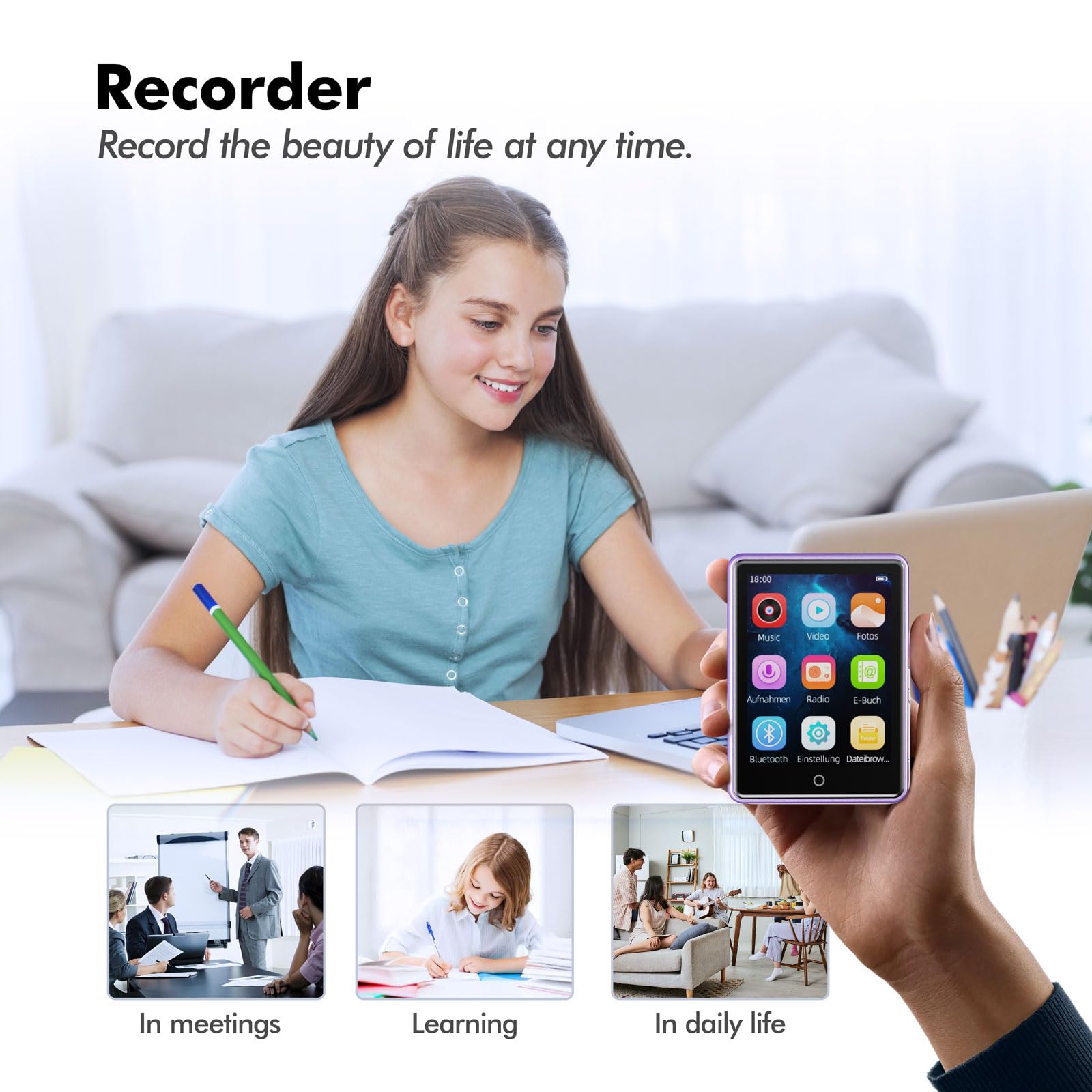 Lecteur MP3 32 Go avec Bluetooth 5.3 avec Haut-Parleur pour Enfants, qualité sonore HiFi, écran Tactile 2,8 Pouces, Radio FM, enregistreur Vocal, Prend en Charge Les Cartes TF jusqu'à 128 Go (Violet)