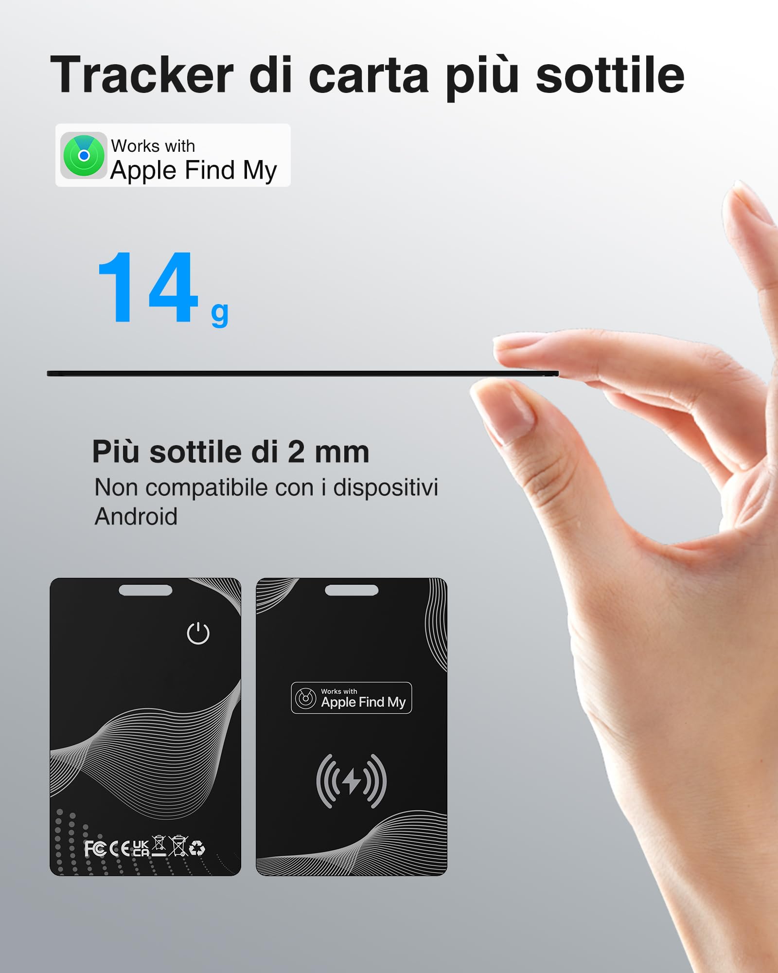 Smar Wallet Tracker Tag Card - 1.5mm Localizzatori GPS Compatibile con Apple Dov'è (Solo iOS 14.5+), Ricarica Wireless, Impermeabile, Localizzatori Bluetooth per Portafoglio, Borse, Bagagli