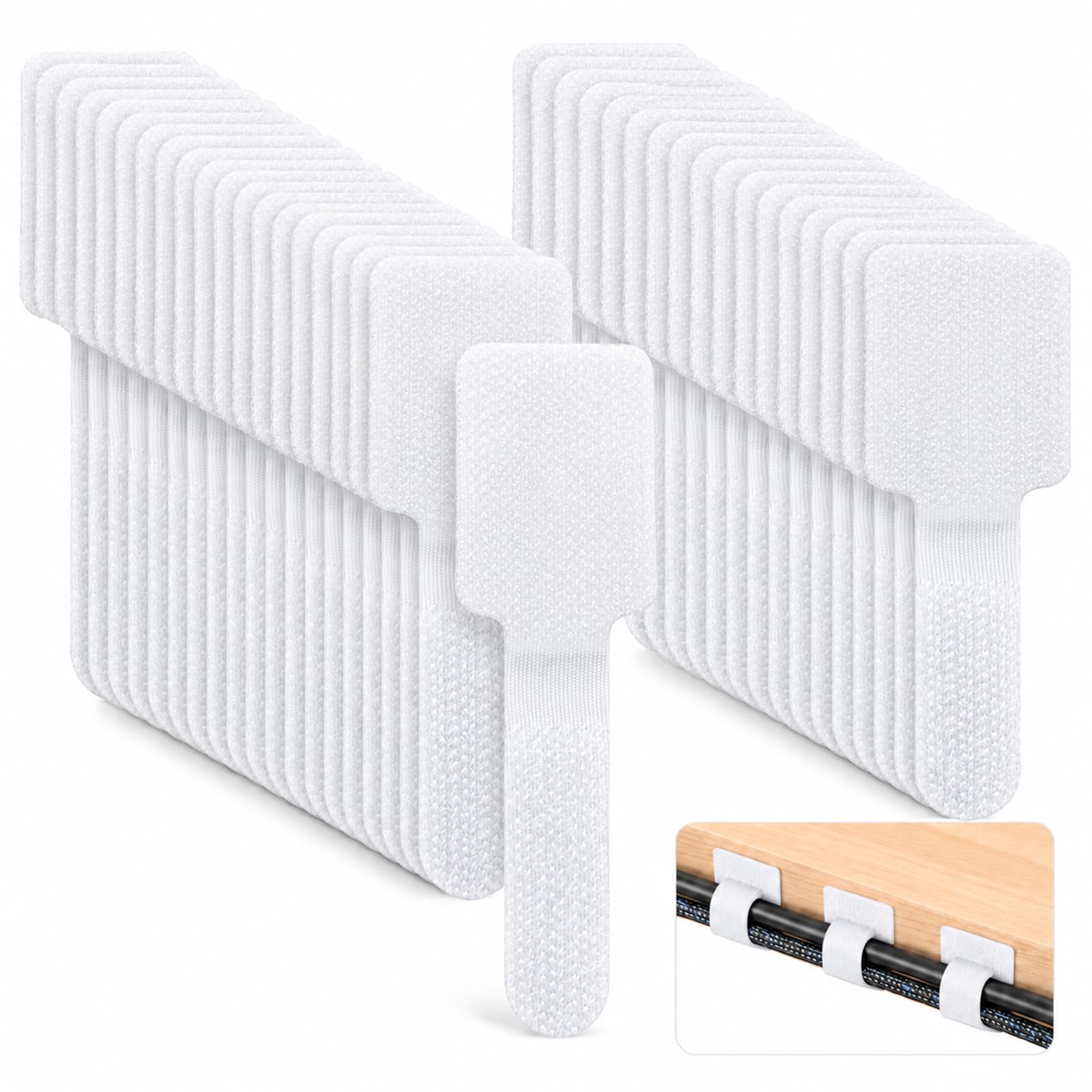 50 Pcs White Self-Stick Cable Management Fasteners, Reusable Hook & Loop Cord Wraps, No-Drill Adhesive Wire Holders for Desk, Home Appliance & Electronic Cord Organization