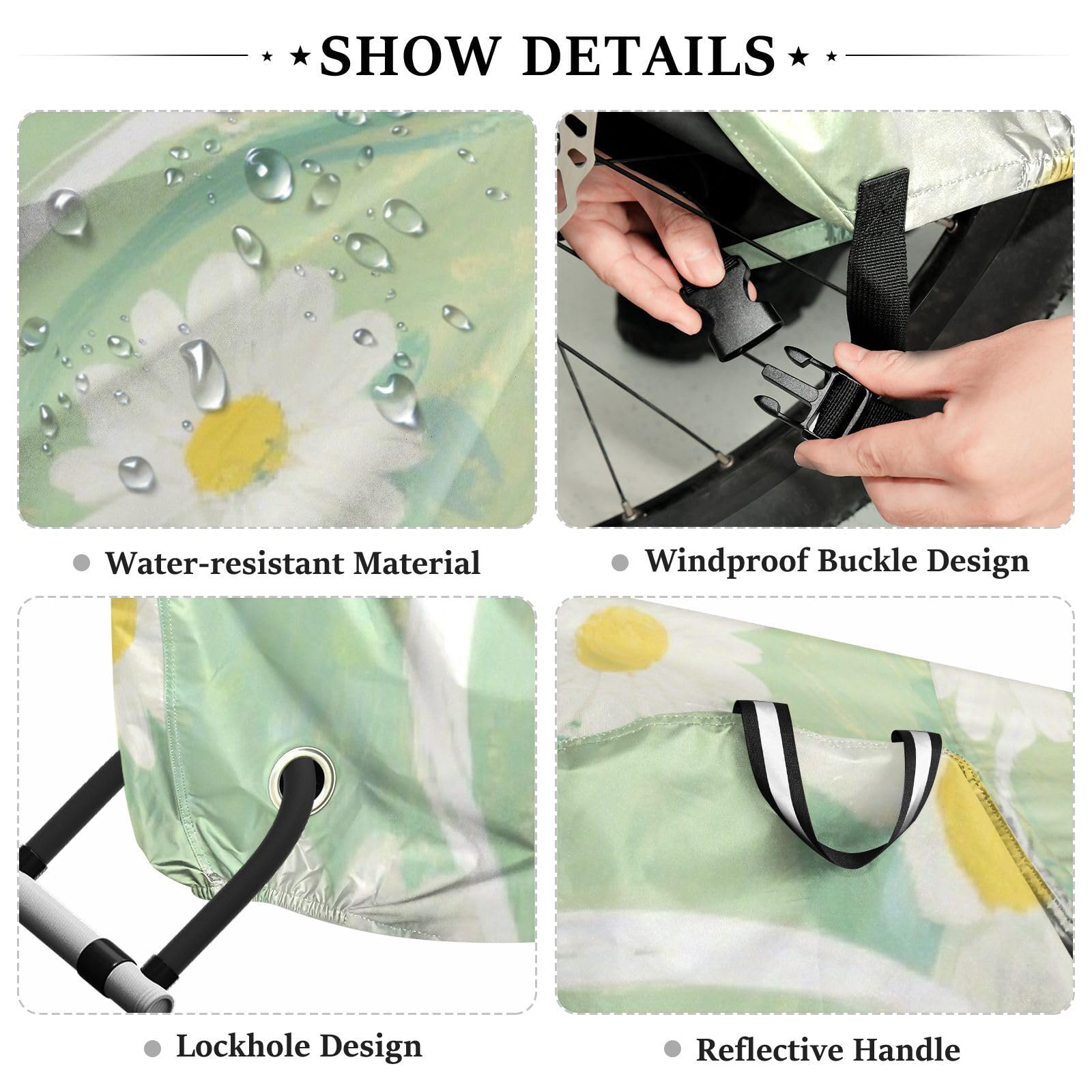 Housse de vélo imperméable avec trous de verrouillage - Résistante aux UV - Pour intérieur et extérieur - Convient à la plupart des motos - Blanc - Motif marguerites