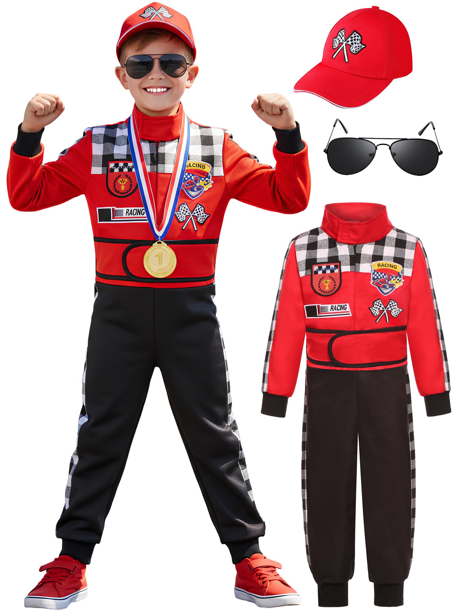 Kids Race Car Driver Costume Boys Racer Jumpsuit With Car Cap Halloween
