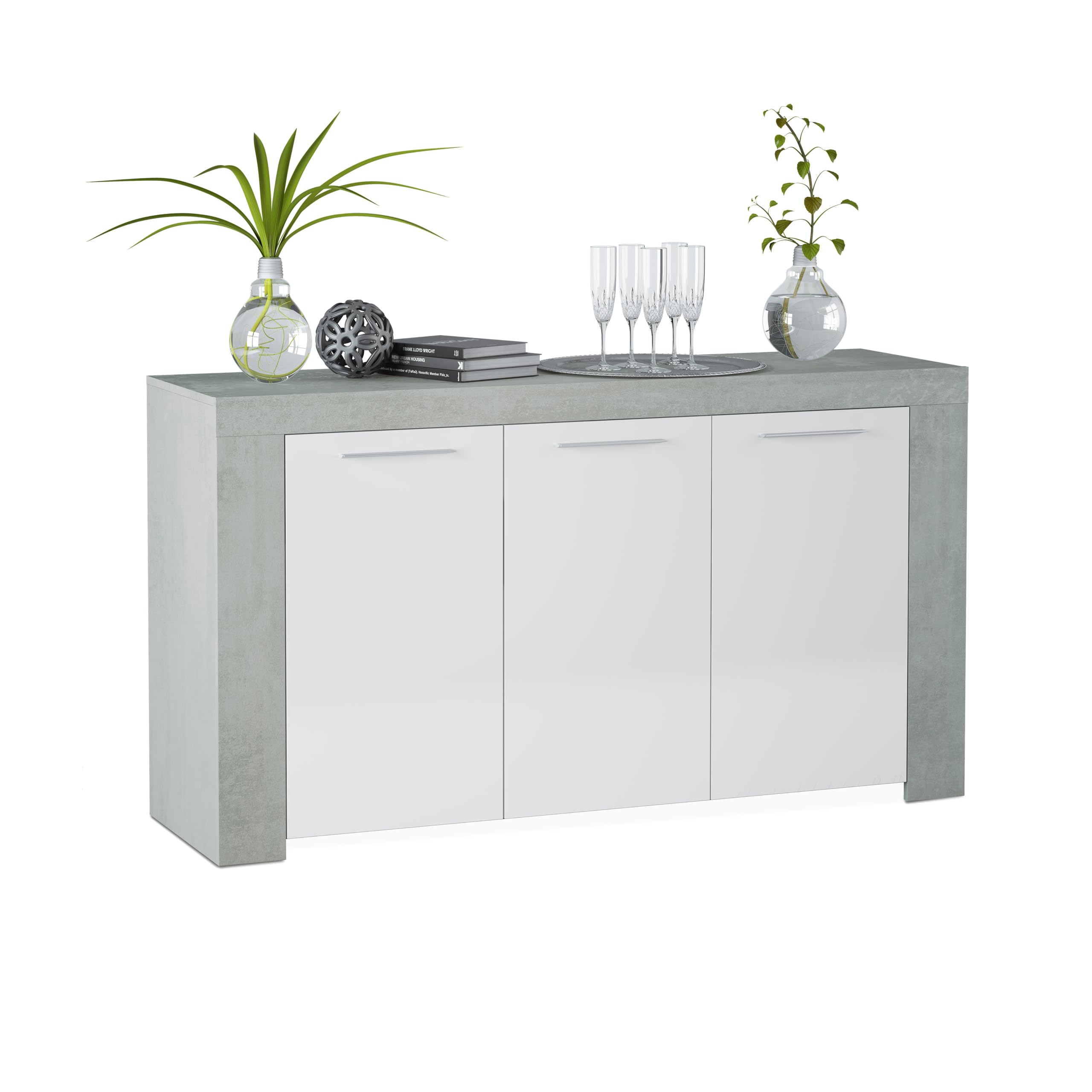 duehome | Aparador, Buffet Moderno, Armario Auxiliar Comedor, Modelo Dara, Color Blanco Artik y Gris Cemento, Medidas: 144 cm (Largo) x 42 cm (Fondo) x 80 cm (Alto)