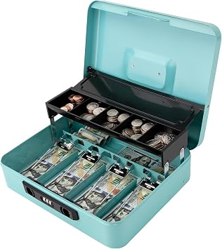 Cash Box with Snap Latch Combination Lock and Sliding Coin Lid, Secure Cash Box with Money Tray and Lock, Durable Safe Money Box for Home and Office,Teal,11.8"L x 9.5"W x 3.5"H
