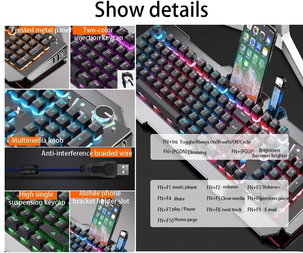 ARCH Waterproof Gaming Keyboard with Multimedia Knob, Knob Ergonomics Mechanical Keyboard with Mobile Phone Holder Slot,for Windows PC Computer Desktop (Color : A)