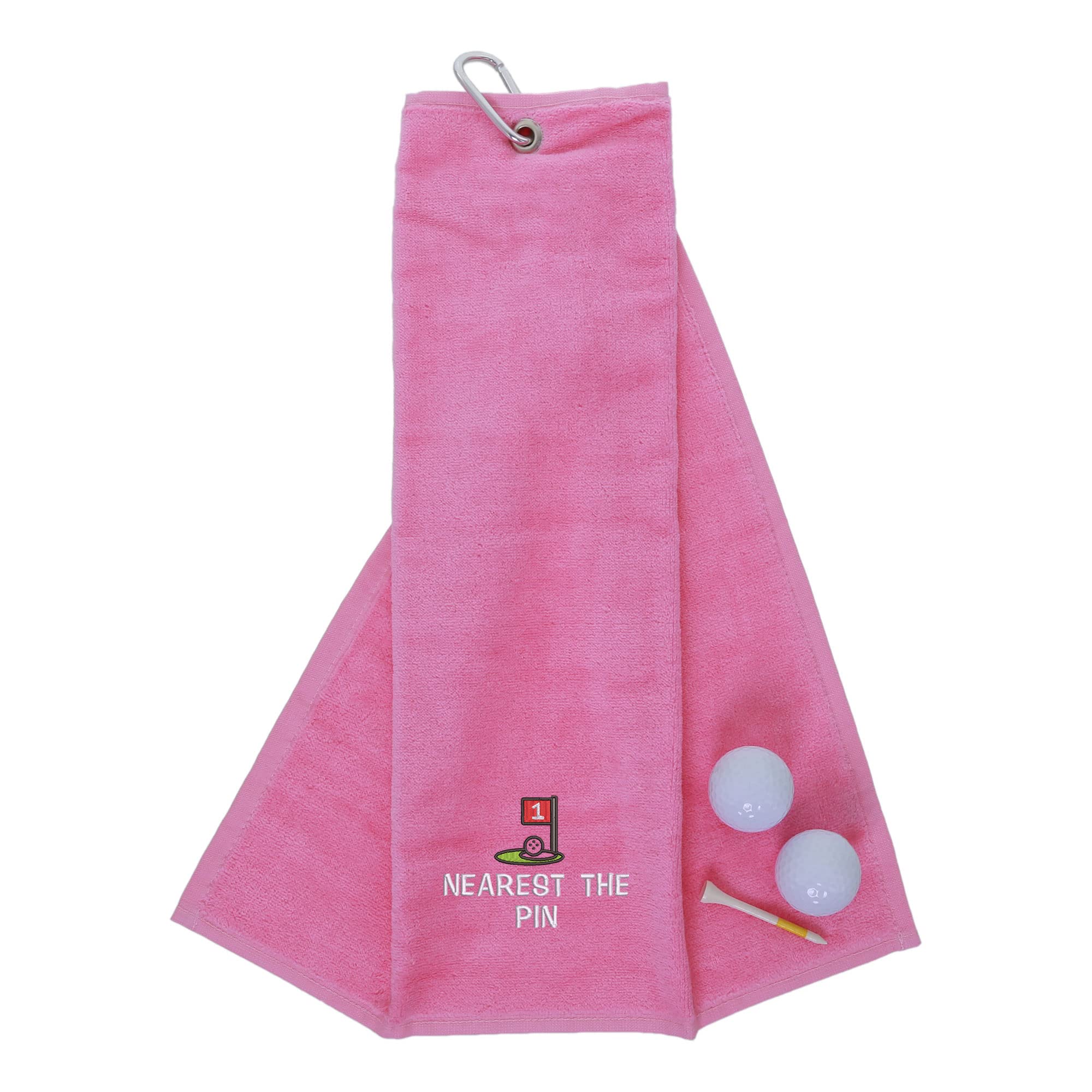Aztex Men's Pink Funny Trifold Golf Towel Golf Gift For Carabiner Clip For Golf Bags, Golf Present, Nearest The Pin,