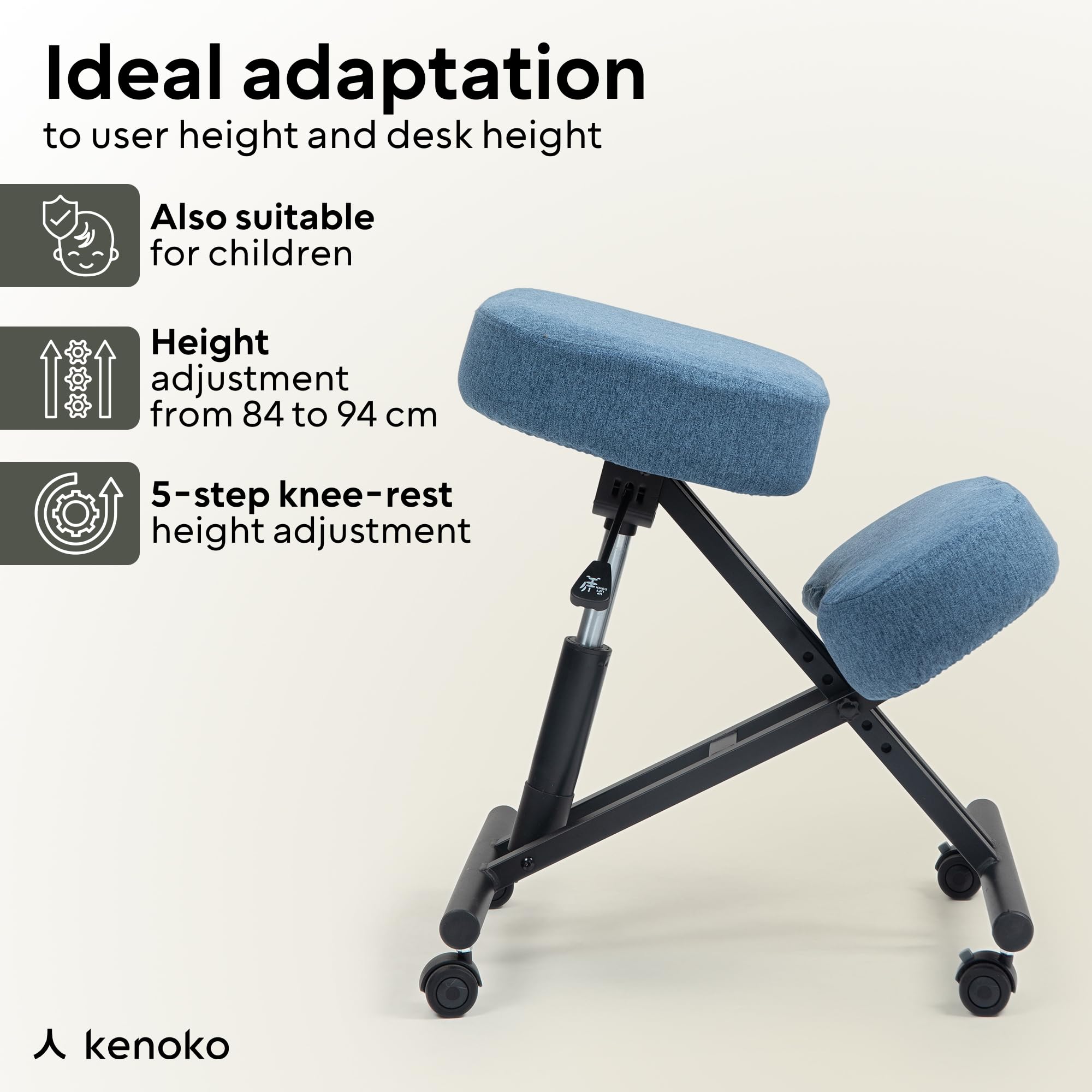 Hiragi Ergonomischer Kniestuhl Verstellbarer für zu Hause und Büro. Ergonomischer Bürostuhl mit dunkelgrauem Bezug aus Öko-TEX-zertifiziertem Standard 100 Stoff.