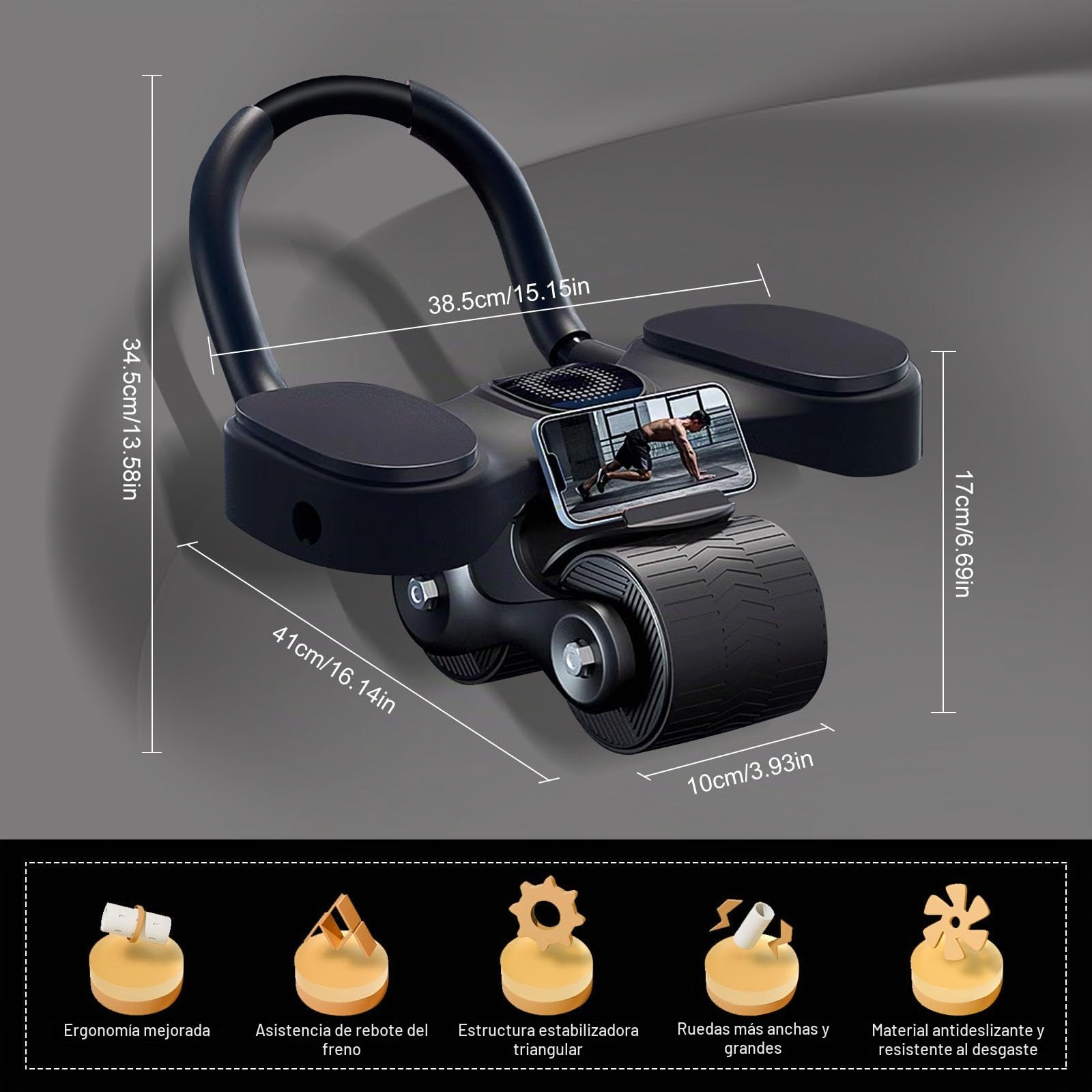 Rueda Abdominal de Rebote Automático, Rodillo de Rueda para Abdominales con Soporte de Codos, AB Roller Doble Rueda para Entrenador en Casa