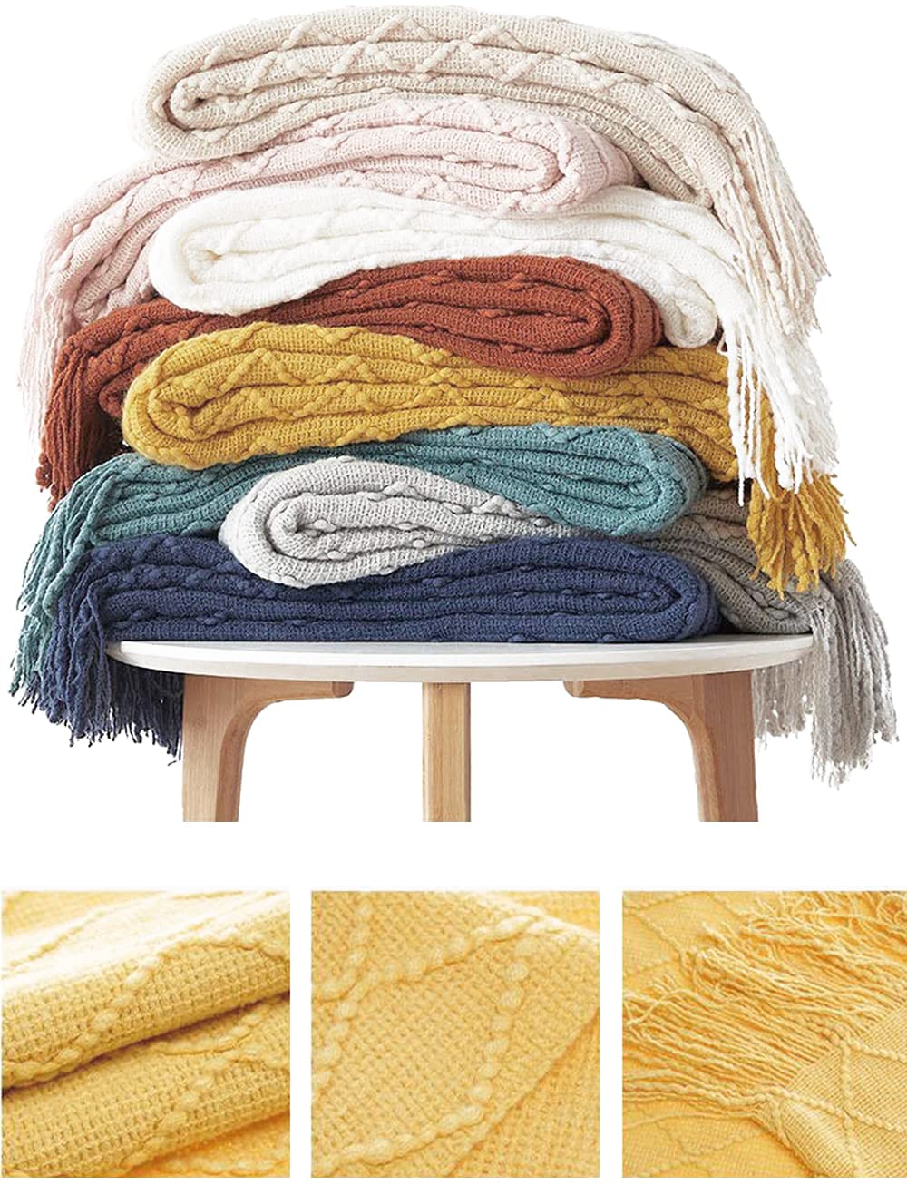 Sofadecke,Kuscheldecke Stricken Kleine Decke Couchdecke,Weich Wolldecke Wohndecken Quaste Gestrickt Decke Schlafdecke Bettdecke Klimaanlage Decke Autodecke für Couch,Büro,Auto,Sofa,Bett,127*230 Beige