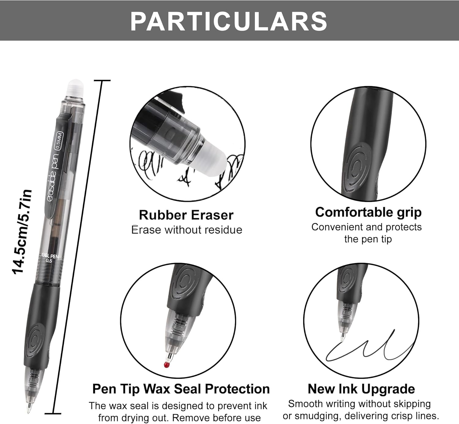 USUAL 54 Black Retractable Erasable Gel Pens Clicker, Fine Point(0.5mm), Make Mistakes Disappear, Premium Comfort Grip, Black Ink for Planners,Smooth Writing Pen Office Back-to-School Supplies