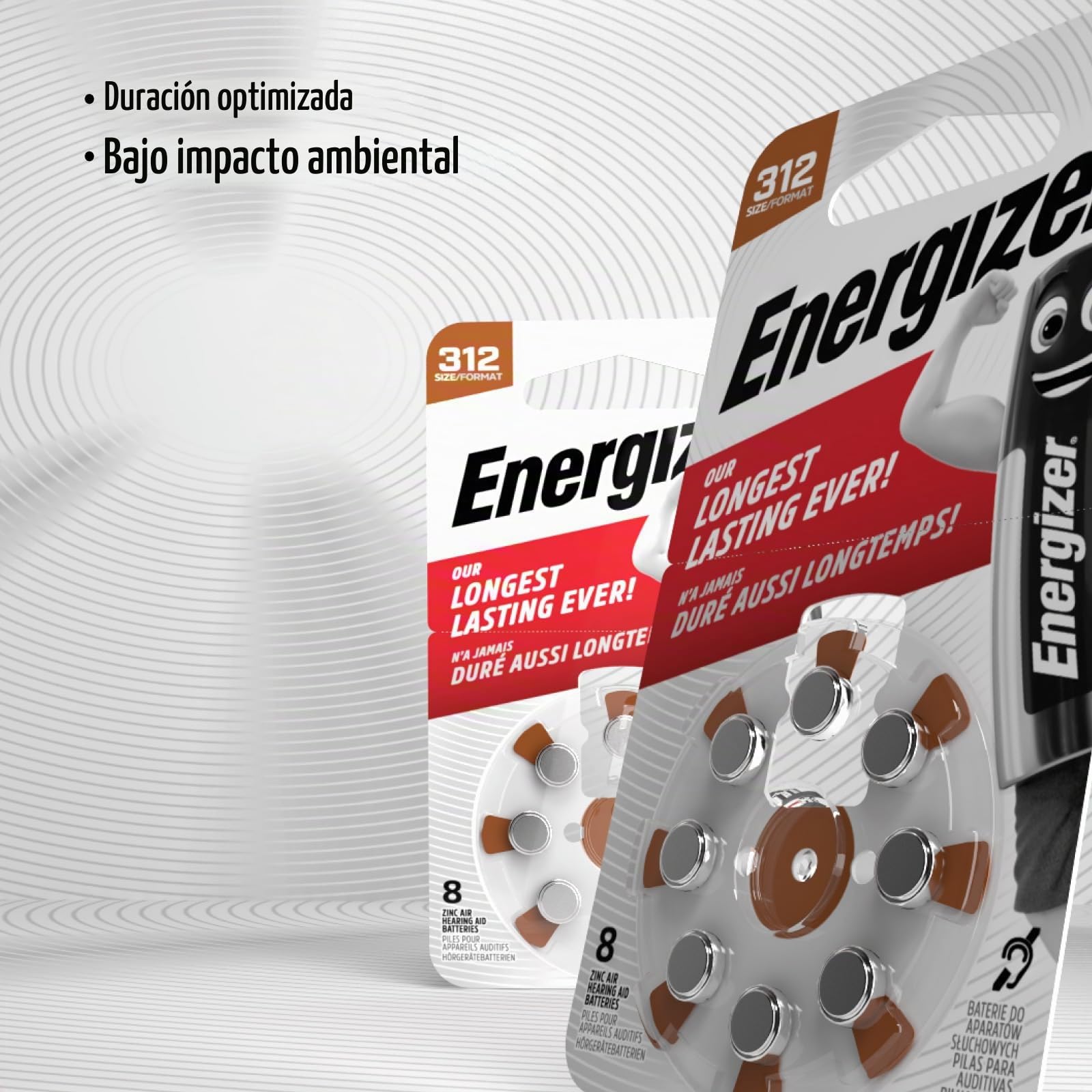 80 pilas acústicas Energizer para audífonos, tamaño 312, marrón sin mercurio, 10 paquetes de 8 pilas