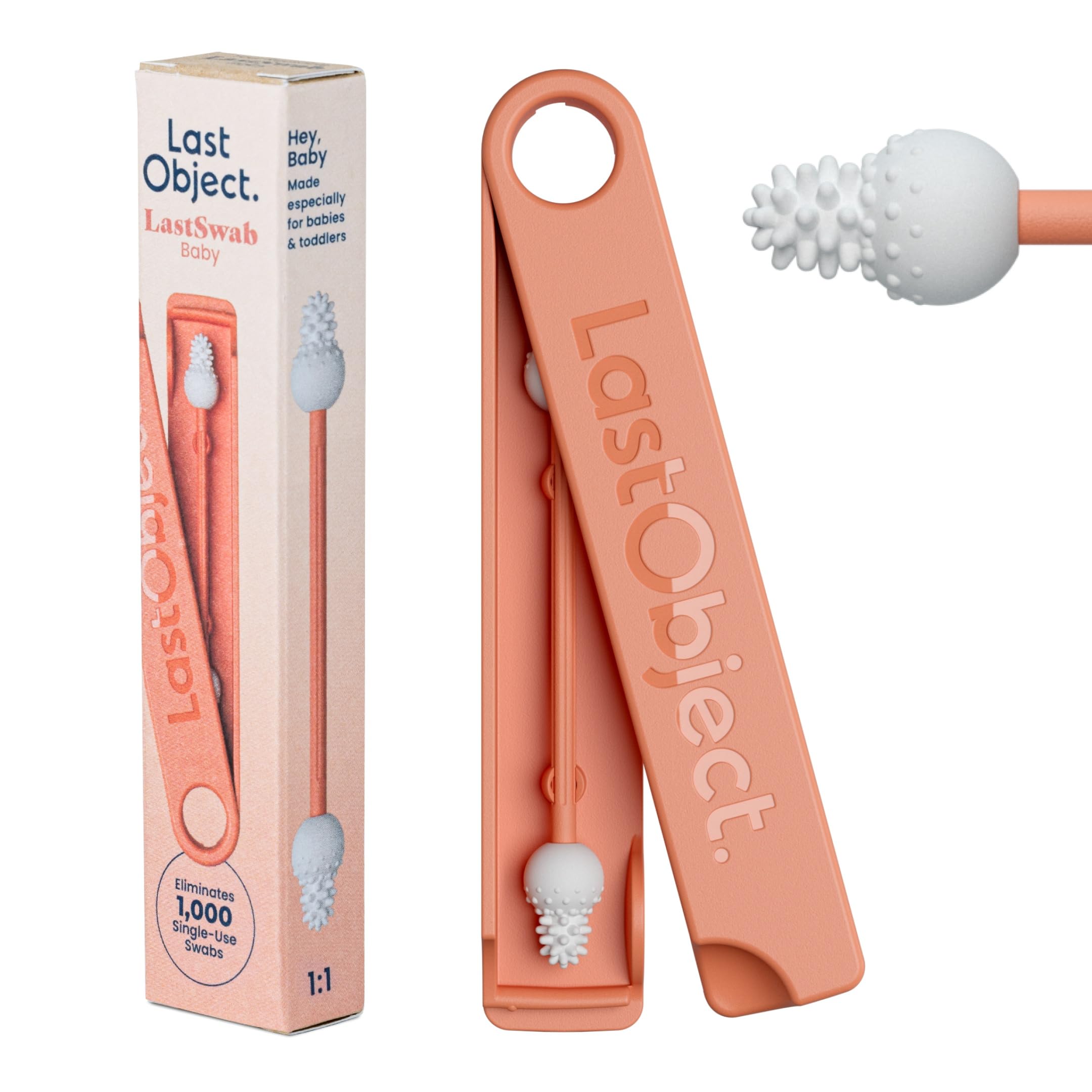 LastSwab® Bébé Cotons-tiges réutilisables en silicone – Nettoyeur doux oreilles & nez pour nouveau-nés et nourrissons – Lavable, sans BPA, zéro déchet, étui – Pêche
