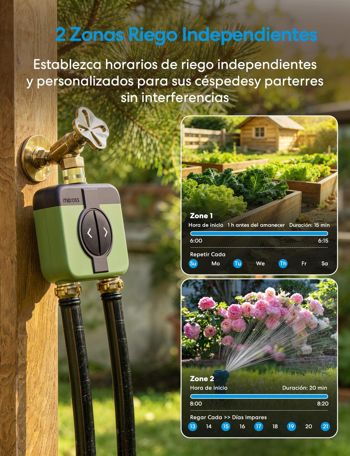 Meross Programador Riego WiFi 2 Salidas MST200 | Hub MSH450/MSH400 Requerido | Riego Automatico & Retraso Lluvia | Contador Agua y Control Remoto Exterior | Compatible con HomeKit, Alexa y Google Home