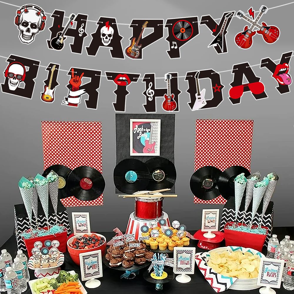 Rock Music Themed Happy Birthday Party Banner,Retro Black Red Rock and Roll Music Note Guitar Hanging Bunting Letter Banner Paper Garland for 50s 60s Rock Birthday Party Decoration Supplies - Image 4